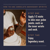 18.21 Man Made Absolute Mahogany Spirits cologne instructions on how to use. Step one: apply 1-2 mists to skin near pulse points (such as inner wrists, and neck).  Step Two: Enjoy legendary scent.