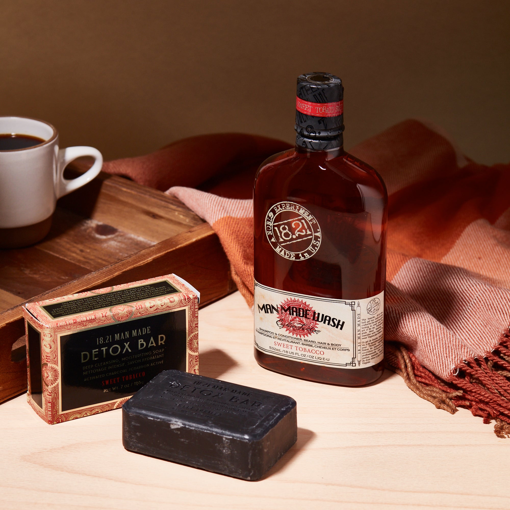 18.21 Man Made Detox Bar accompanied by the 18oz Man Made Wash in Sweet Tobacco