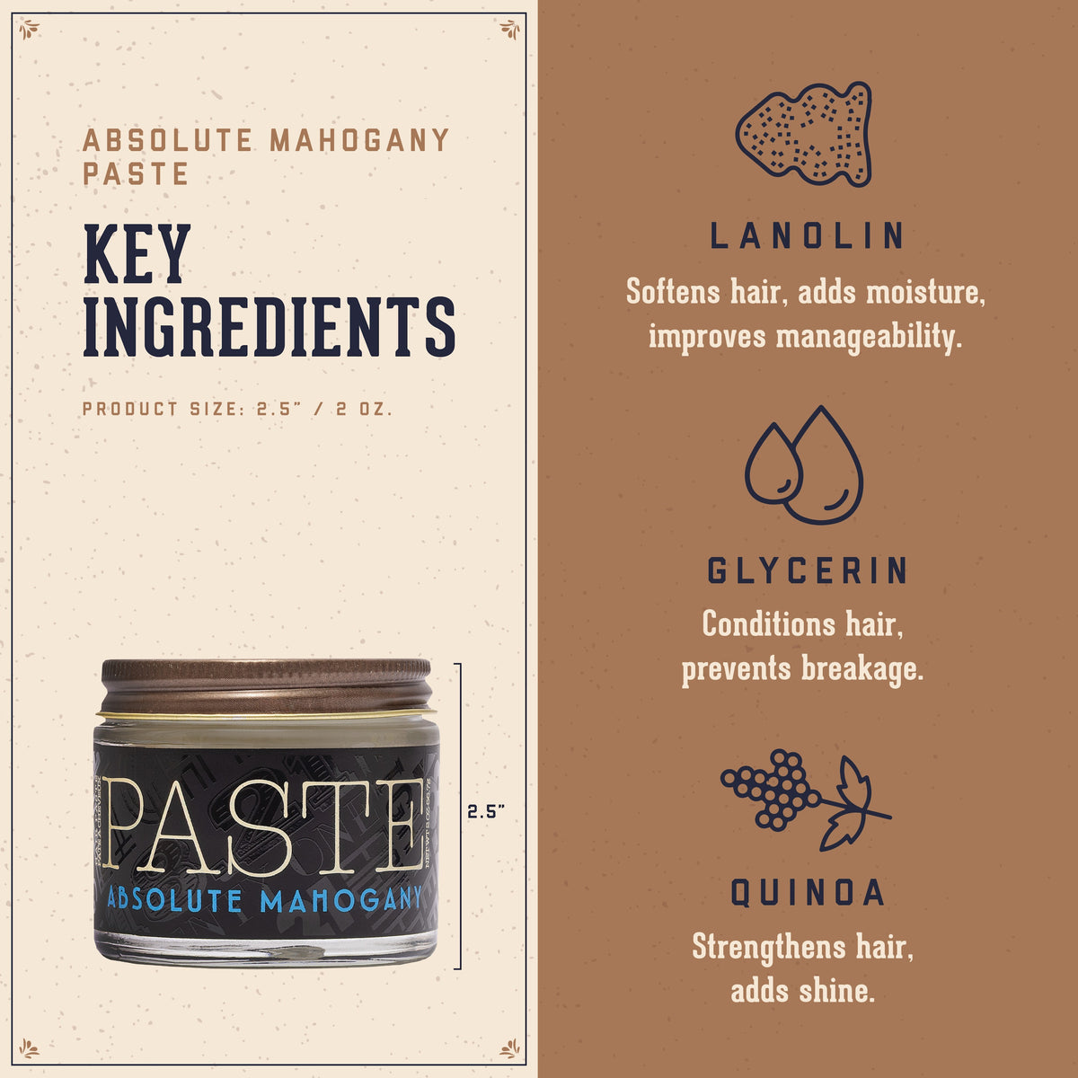 Product label for Absolute Mahogany Paste with key ingredients listed on a beige and brown background.