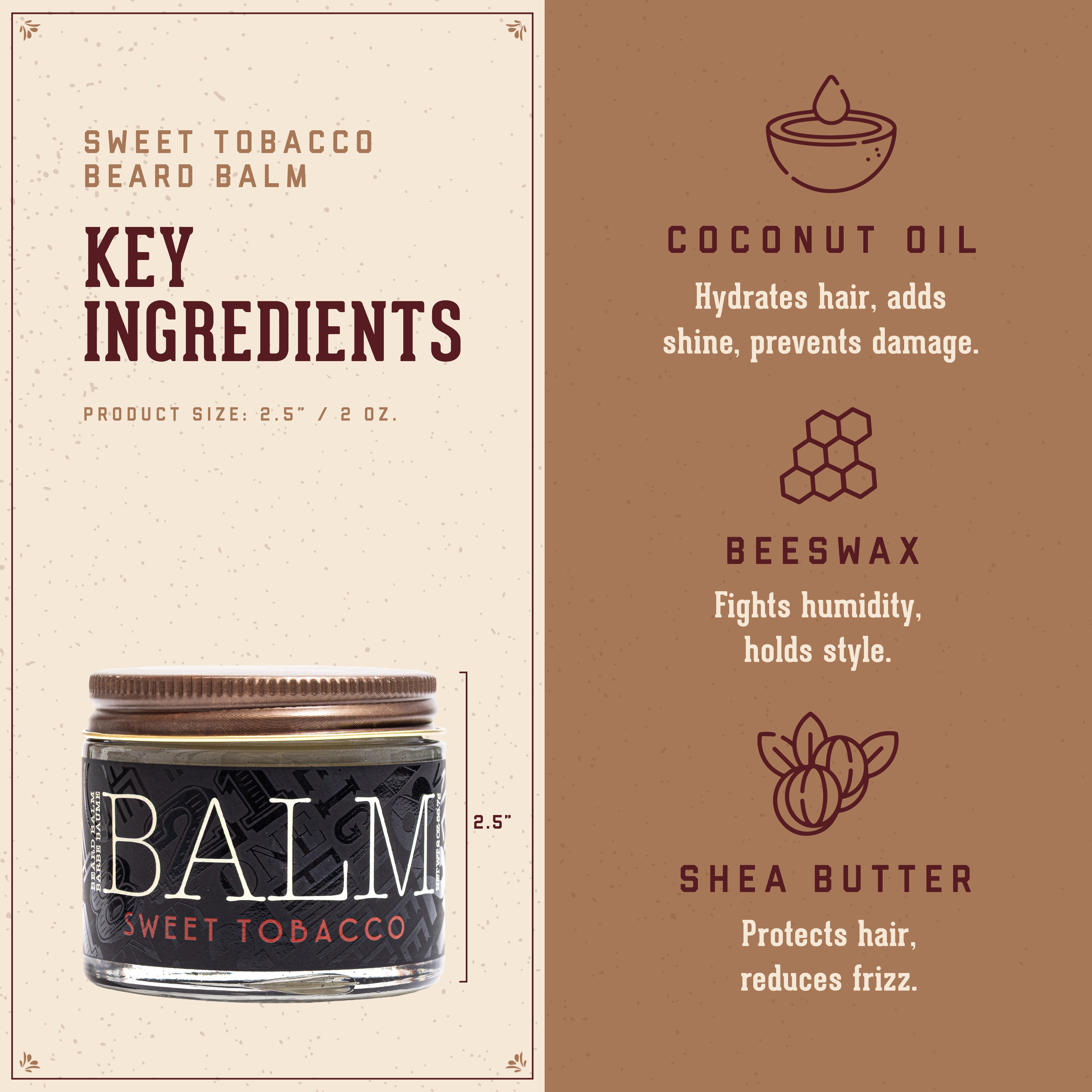Sweet Tobacco Beard Balm packaging with key ingredients listed on a beige and brown background.