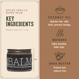 Spiced Vanilla Beard Balm Key Ingredients.  1. Coconut Oil: hydrates hair, adds shine, prevents damage.  2. Beeswax: fights humidity, holds style.  3.  Shea Butter:  protects hair, reduces frizz.