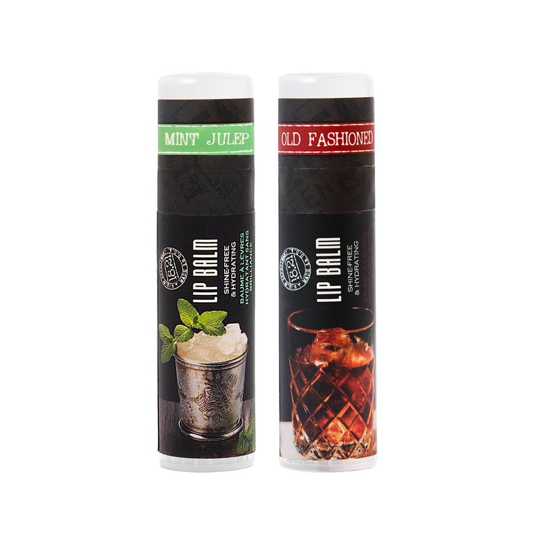 Two lip balm tubes labeled 'Mint Julep' and 'Old Fashioned' on a white background.
