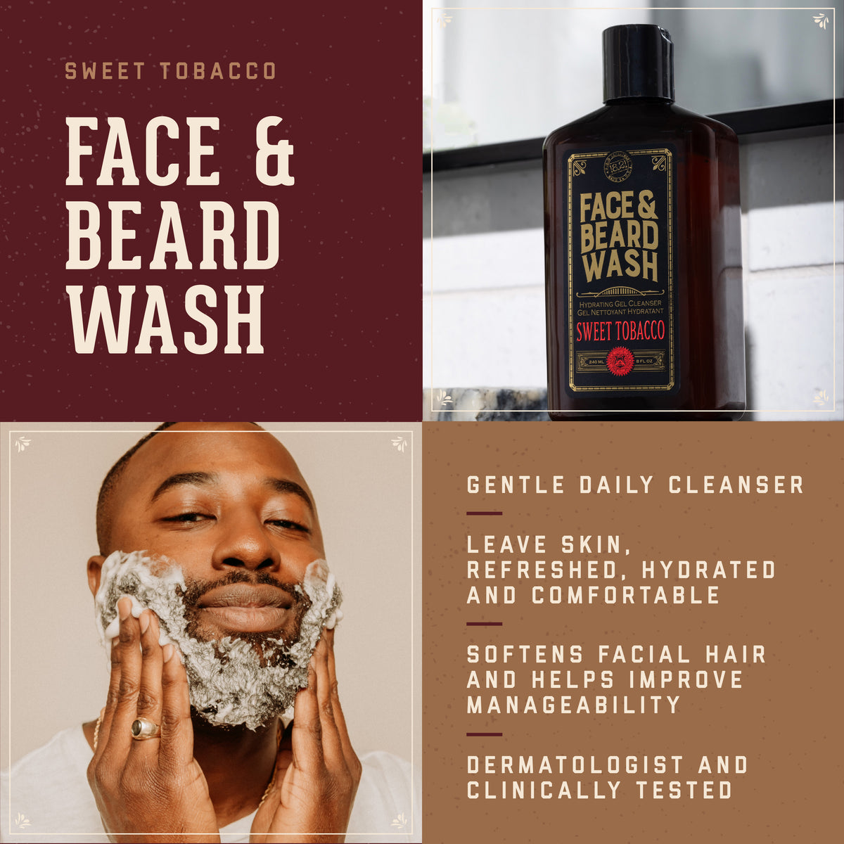 A promotional graphic for Sweet Tobacco Face & Beard Wash, featuring a bottle of the dark amber liquid, a man applying shaving lather to his beard, and text describing the gentle daily cleanser benefits.