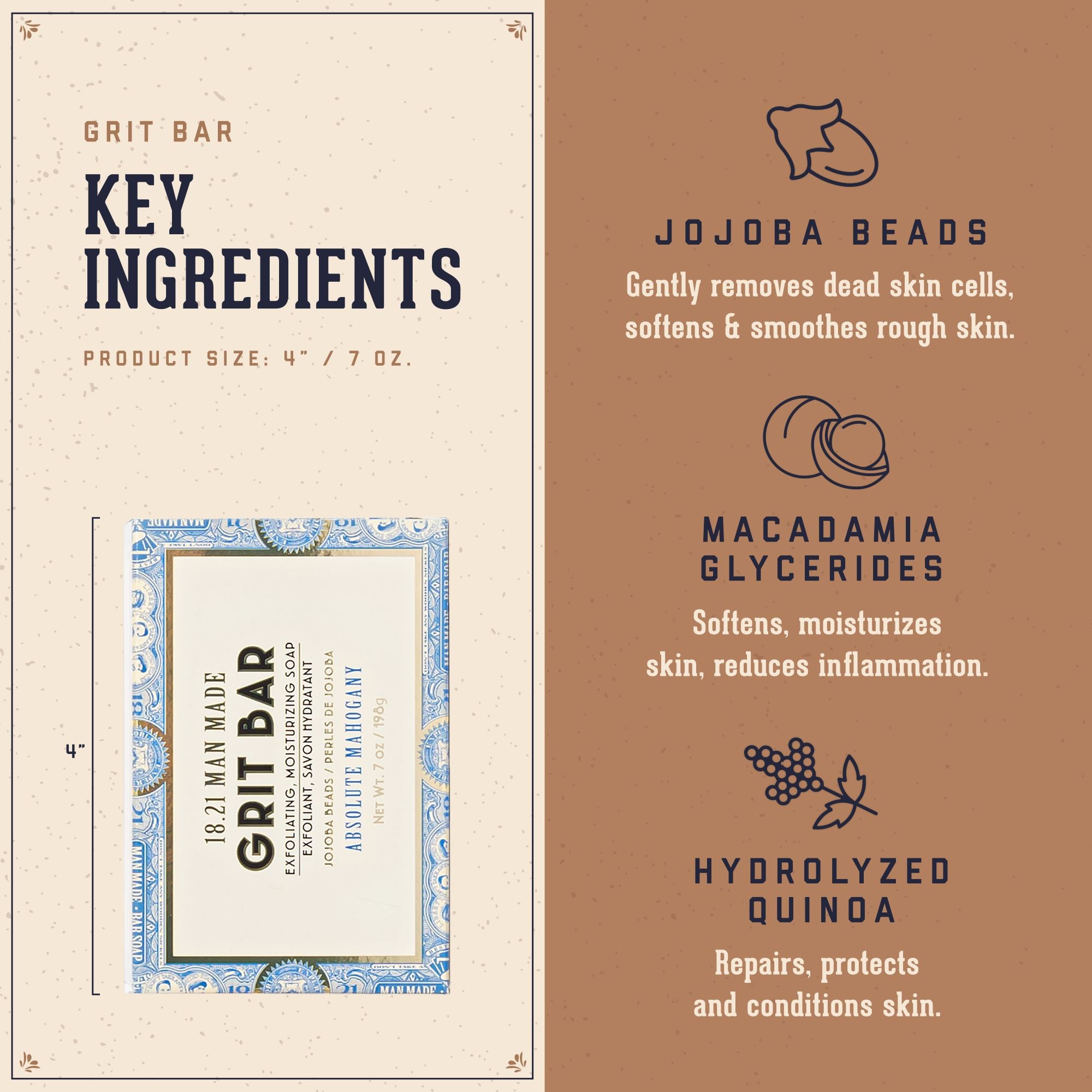 Grit Bar Key Ingredients.  Jojoba Beads: gently removes dead skin cells, softens and smoothes rough skin.  Macademia Glycerides: softens, moisturizes skin, reduces inflammation.  Hydrolzyed Quinoa:  repairs, protects, conditions skin.