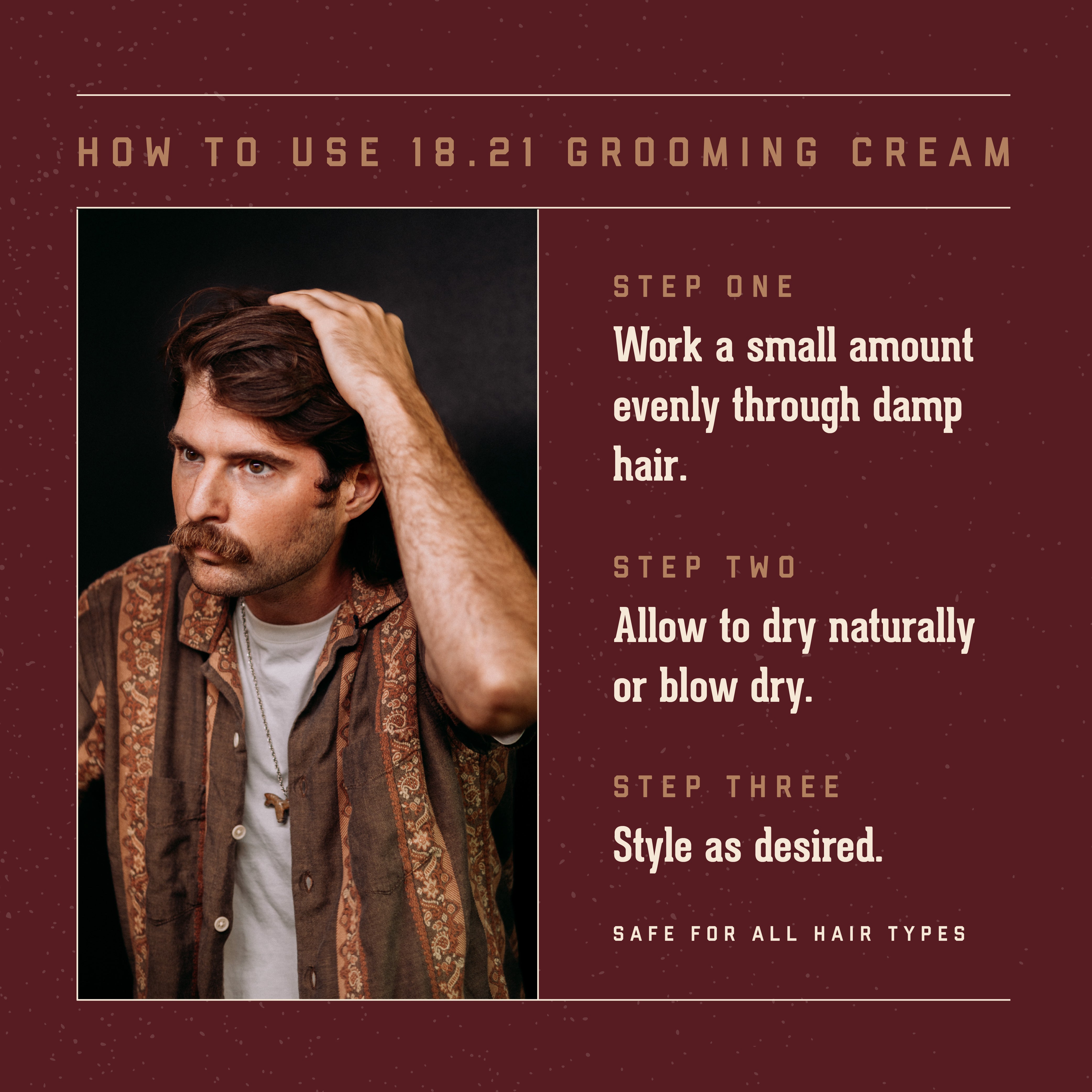 Man with styled hair on a maroon background with grooming cream usage instructions.