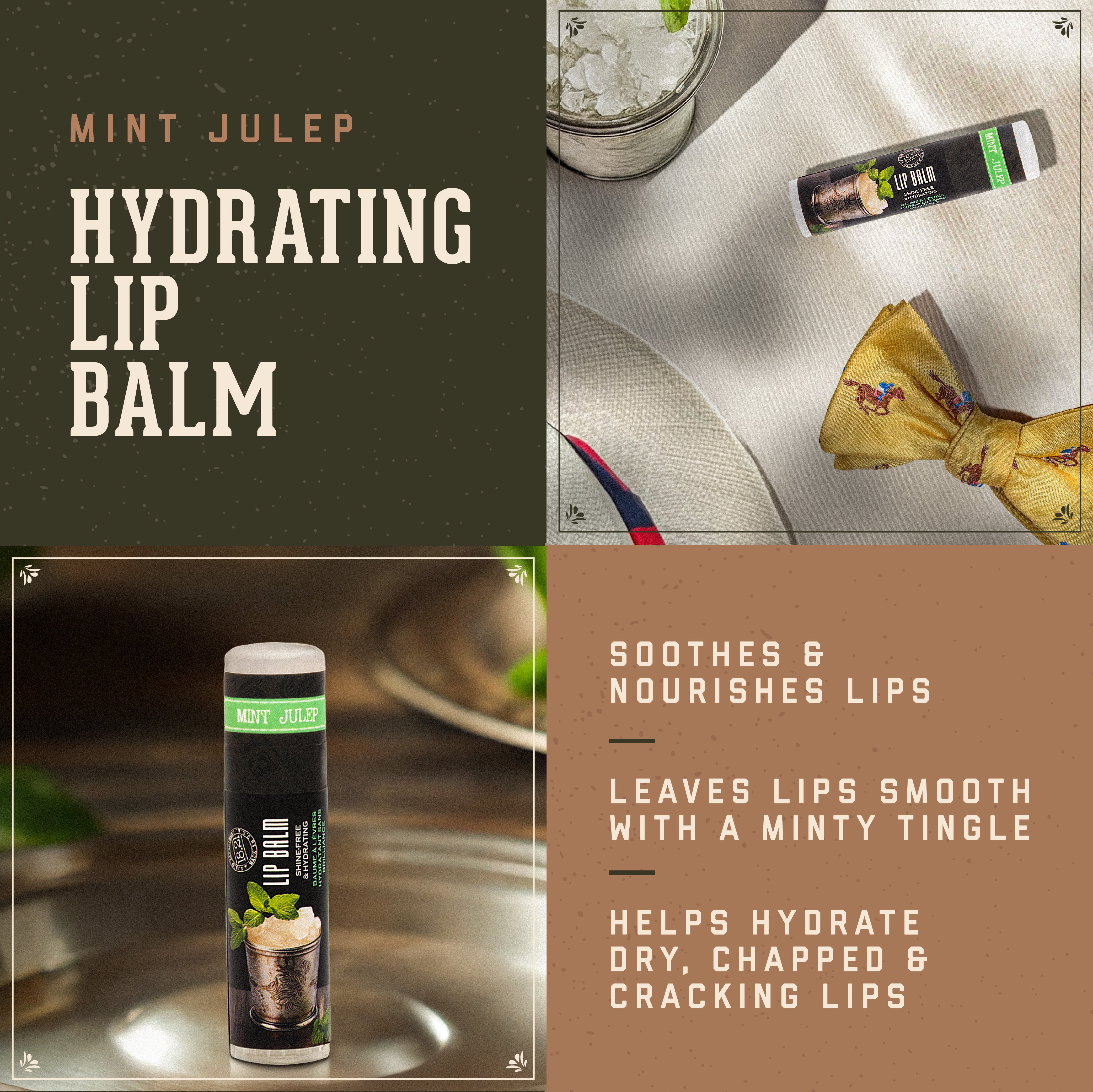 image with mint julep lip balm and text describing the benefits of the lip balm