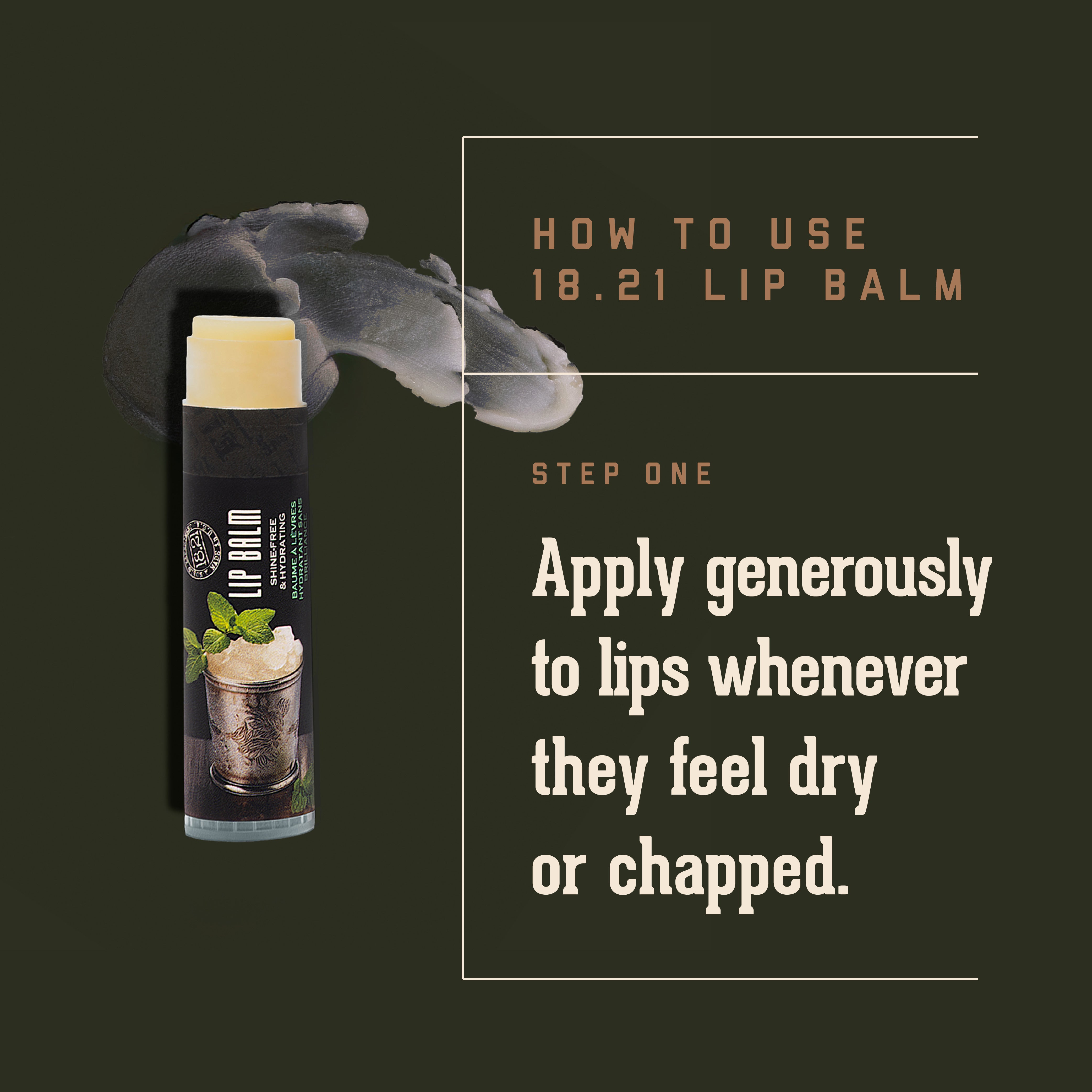 Image of mint julep lip balm, with texture swipe, and description of how to use