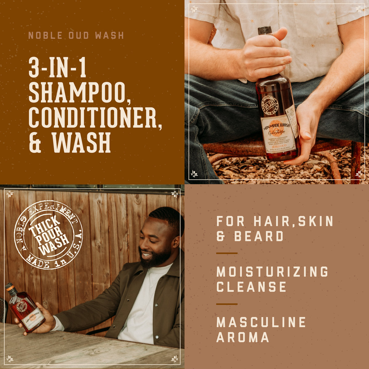 Advertisement for Noble Oud Wash 3-in-1 shampoo, conditioner, and wash with product packaging and usage scenarios.