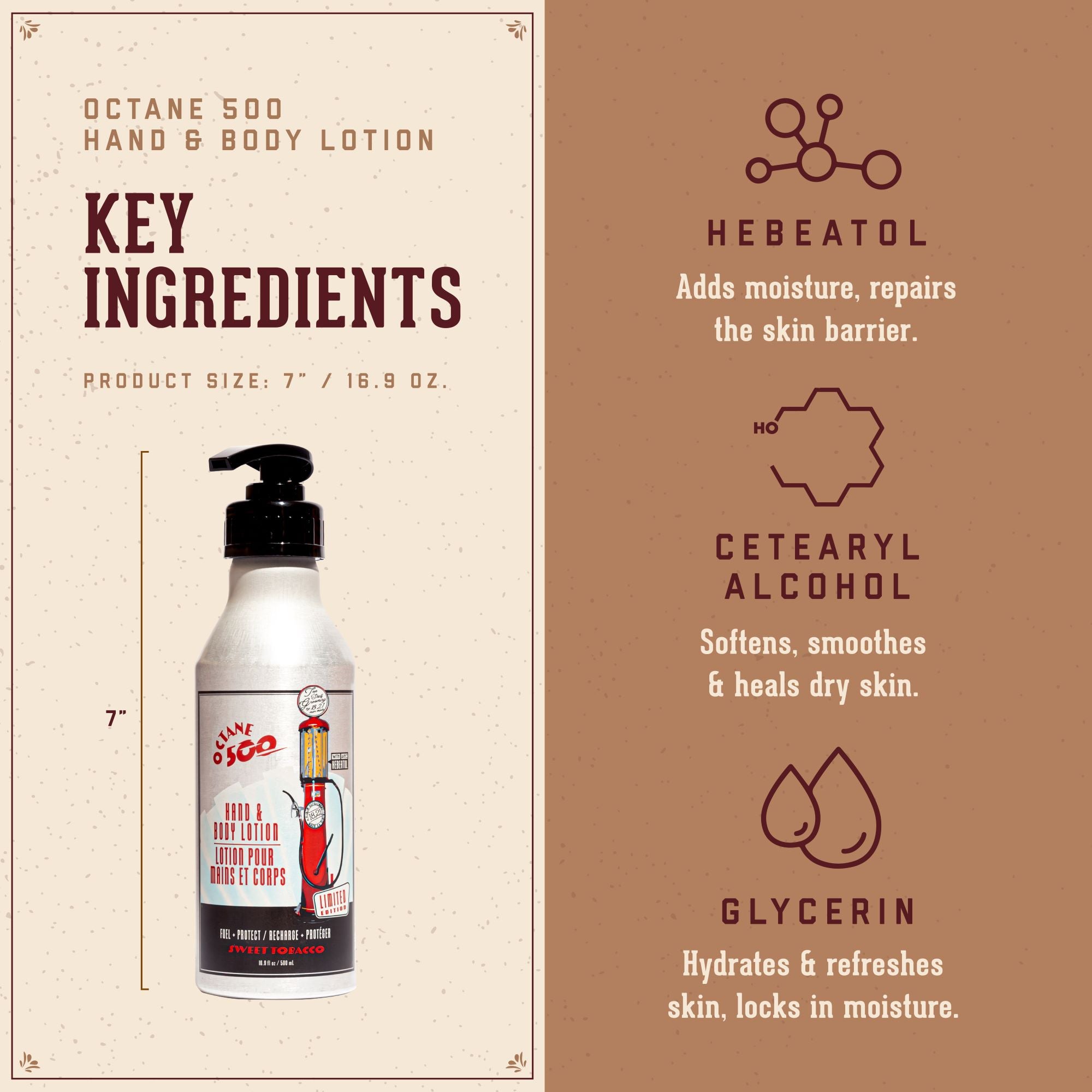 Octane 500 Hand & Body Lotion Key Ingredients.  1. Hebeatol: Adds moisture, repairs the skin barrier.   2.  Cetearyl Alcohol: softens, smoothes & heals dry skin.  3.  Glycerin: hydrates & refreshes skin, locks in moisture.