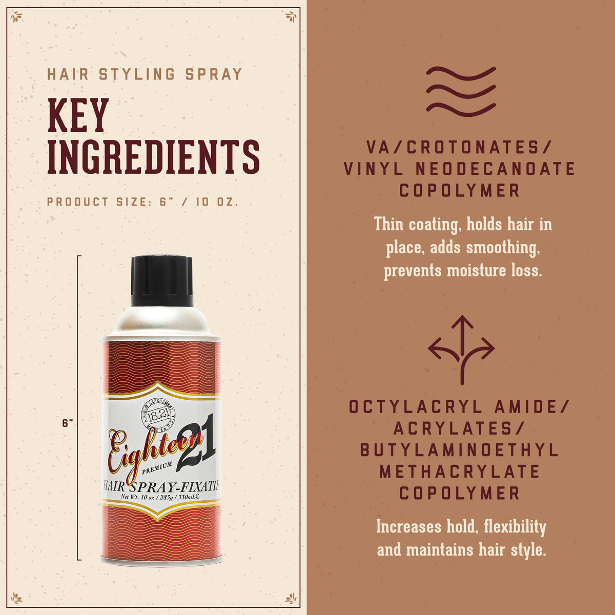 Hair Styling Spray Key Ingredients. 1. VA/Crotonates/Vinyl Neodecanoate Copolymer: thin coating, holds hair in place, adds smoothing, prevents moisture loss. 2. Octylacryl Amide / Acrylates/Butylaminoethyl methacrylate copolymer: increases hold, flexibility and maintains hair style.
