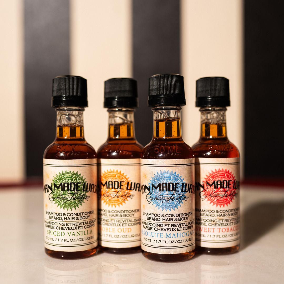 4-pack of sample sized washes in branded packaging, ideal for professional or personal use