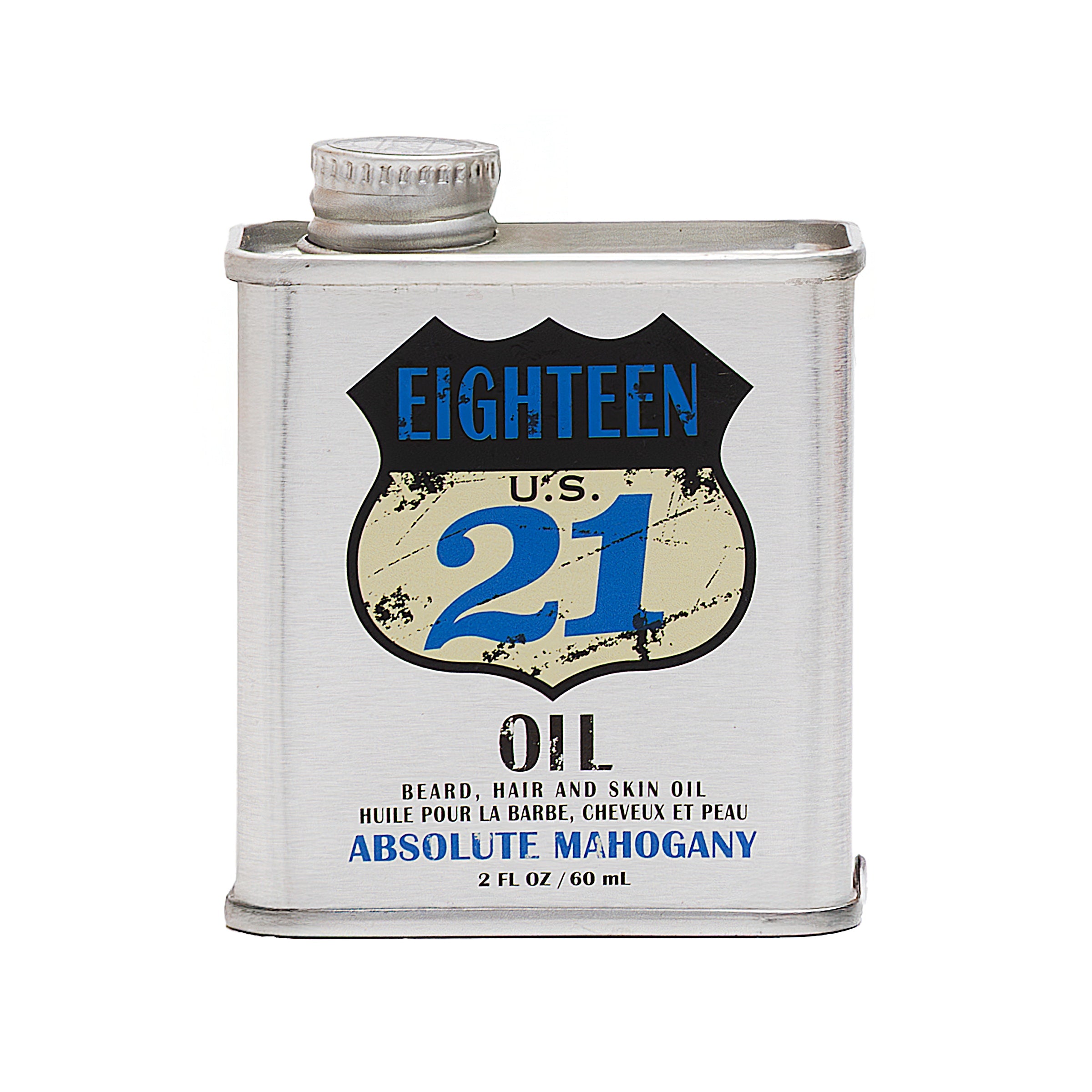 Metallic oil can with 'Eighteen U.S. 21 Oil' label on a white background