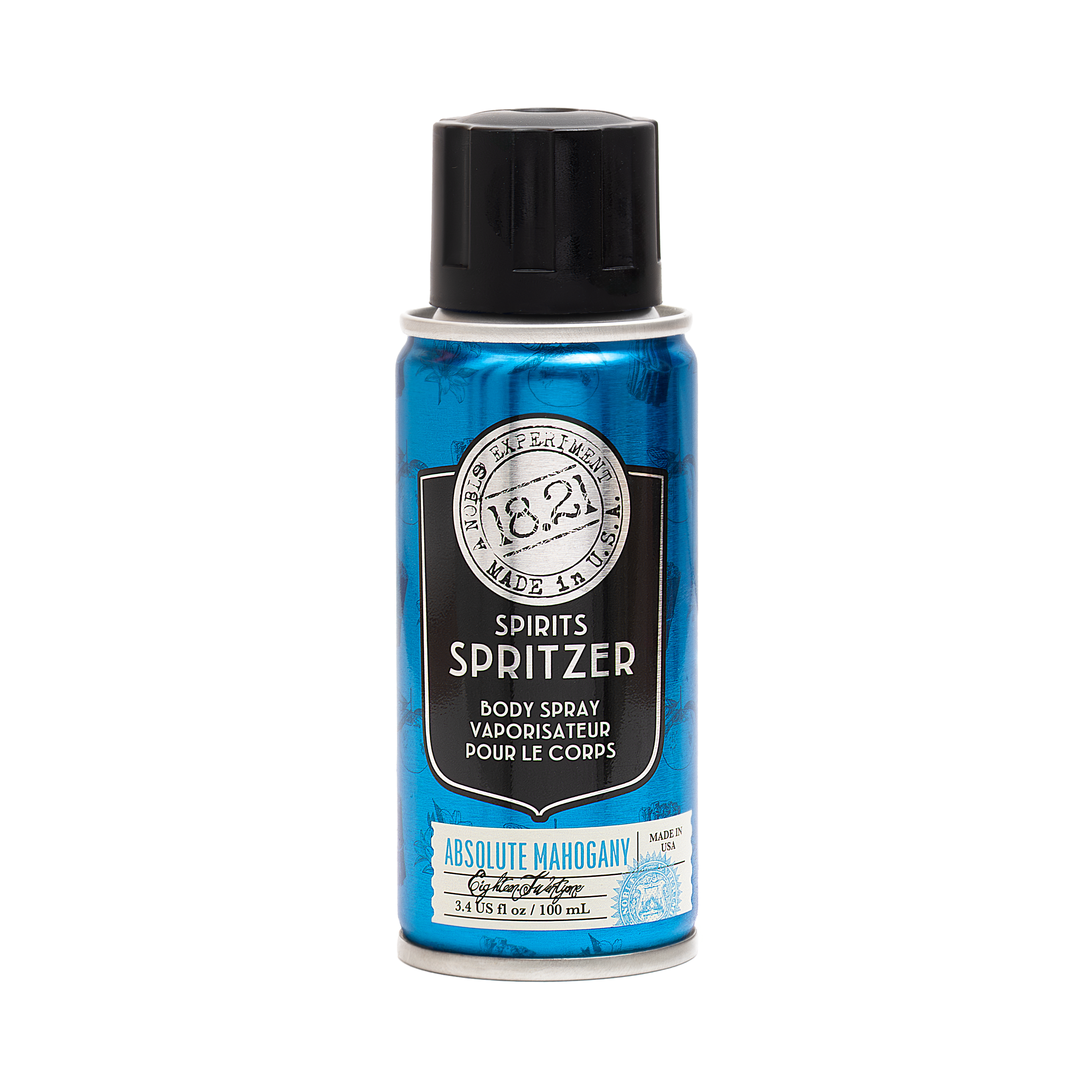 Body spray bottle with blue label for Absolute Mahogany scent and black cap on a white background