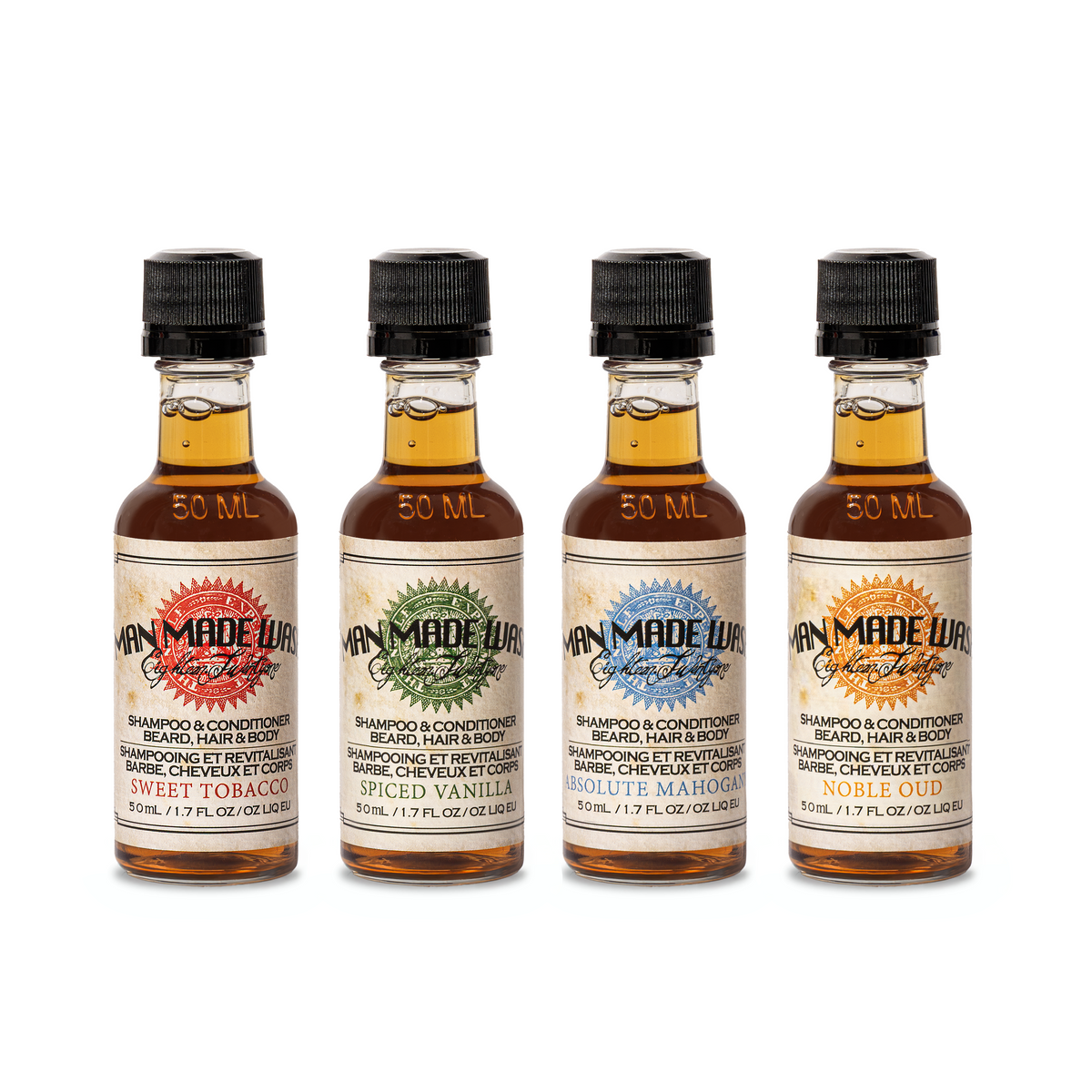 4-pack of sample sized washes in branded packaging, ideal for professional or personal use