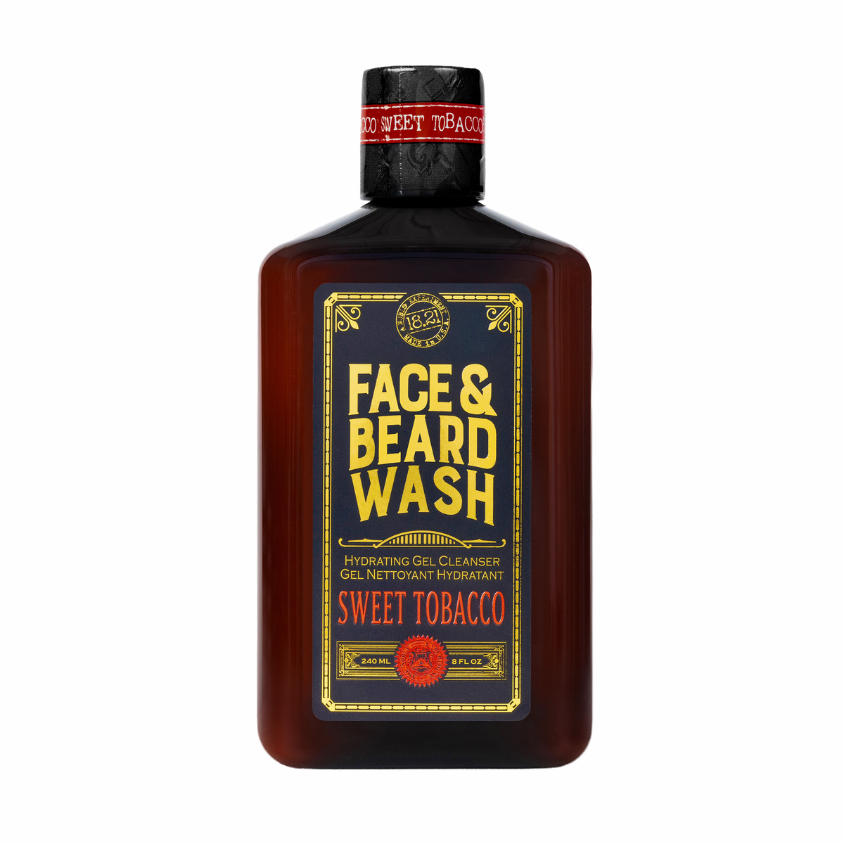 18.21 man made face and beard wash on white background with gold label and shrink wrap on neck band