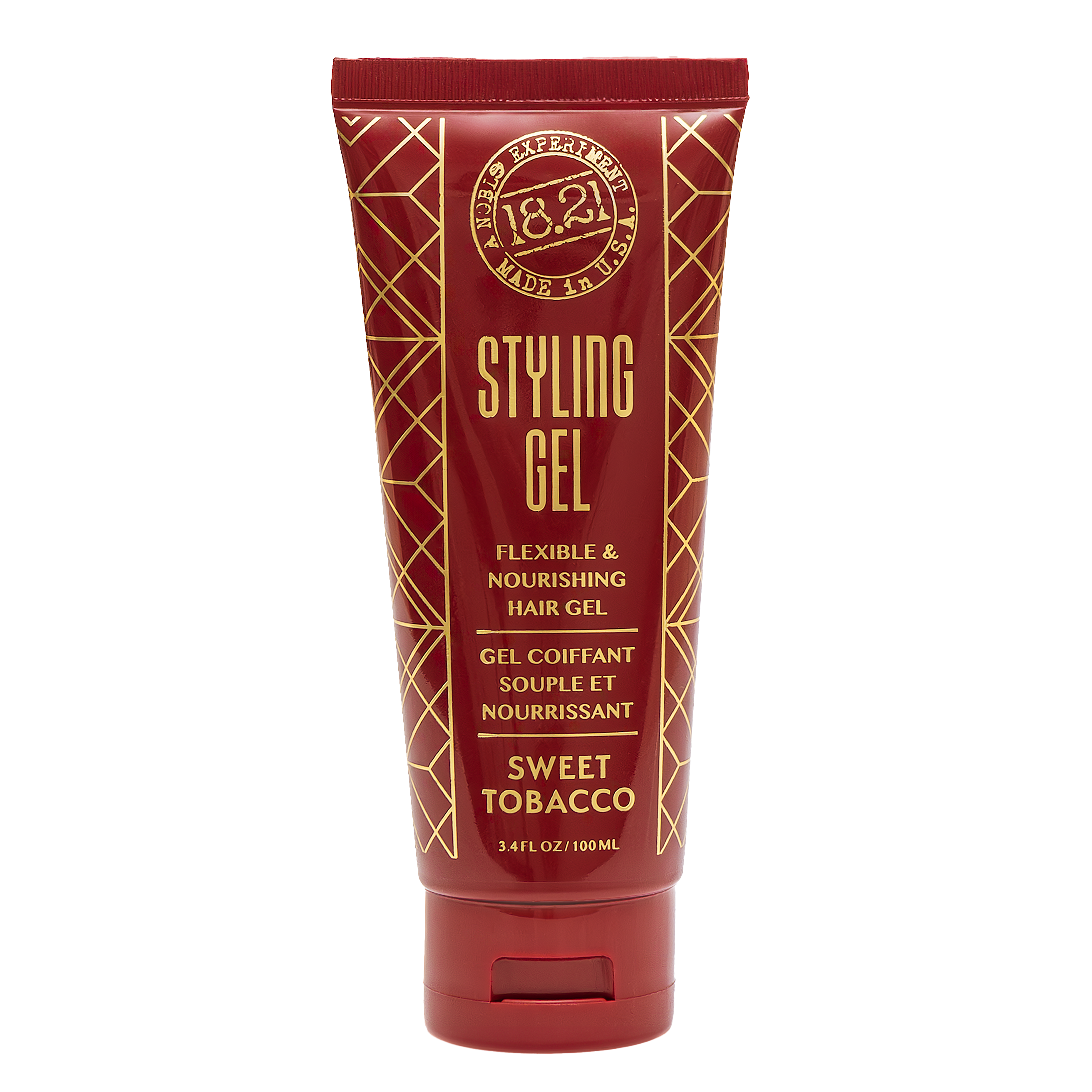 Red tube of 1821 Sweet Tobacco Styling Gel on a white background