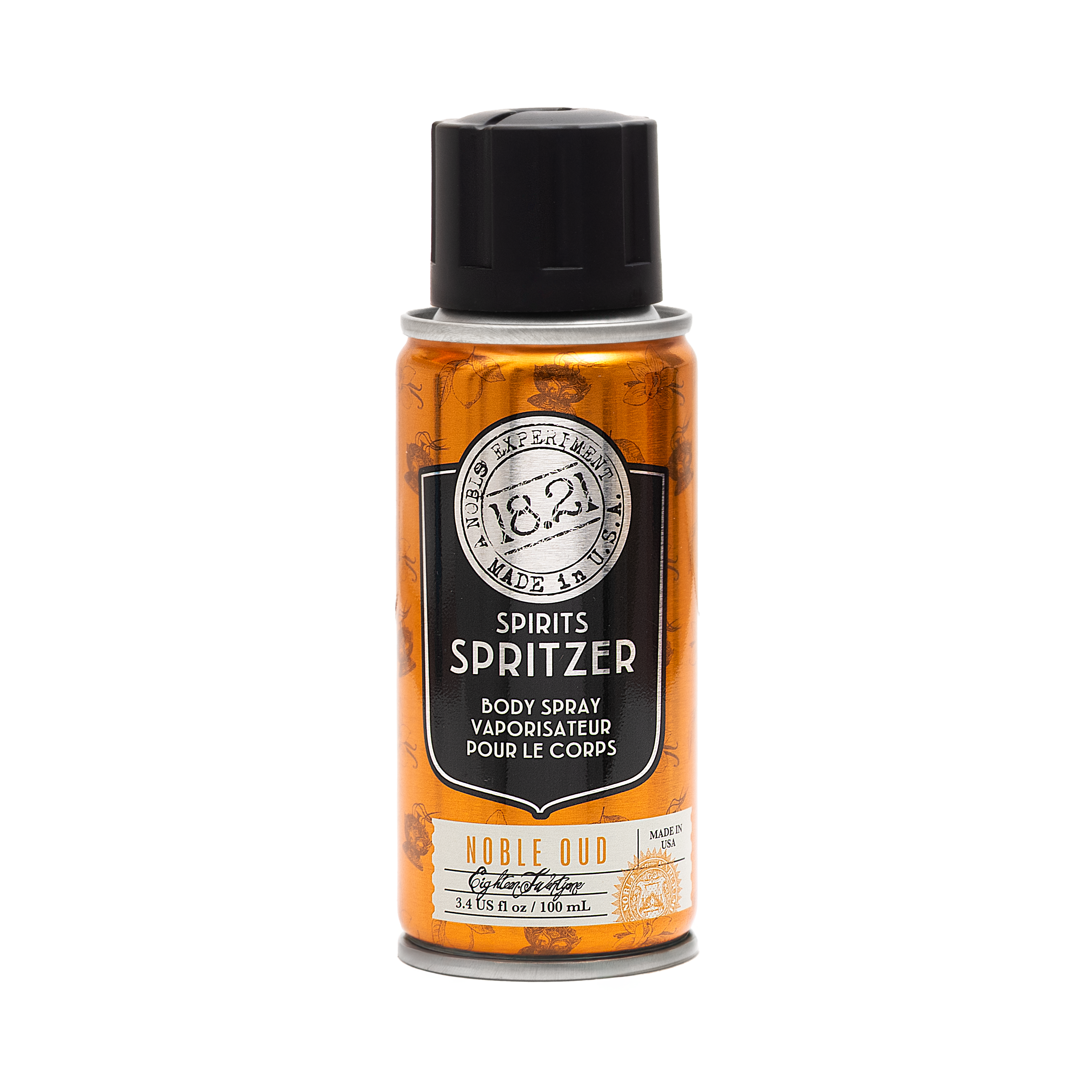 Bottle of 18.21 Spirits Spritzer body spray with a black cap on a white background