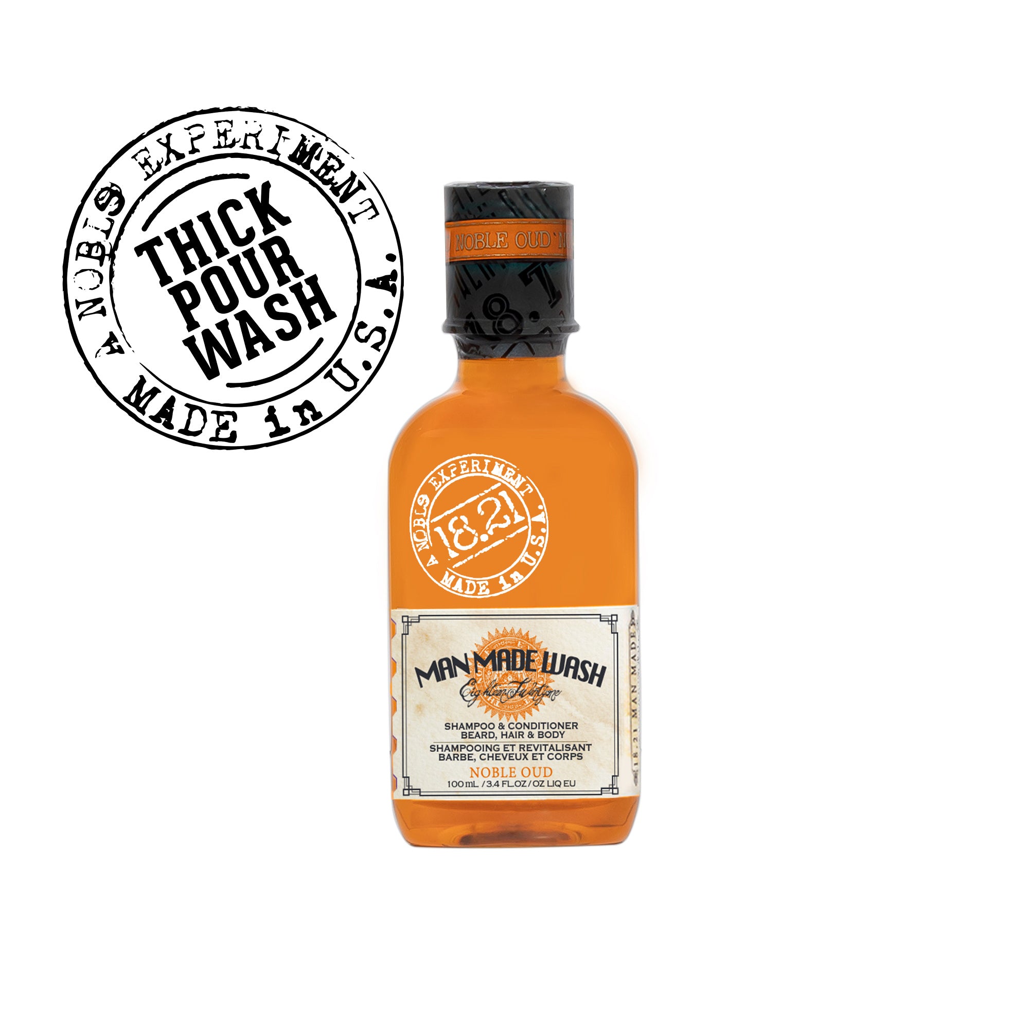 Bottle of 'Man Made Wash' with a black and white label on a white background