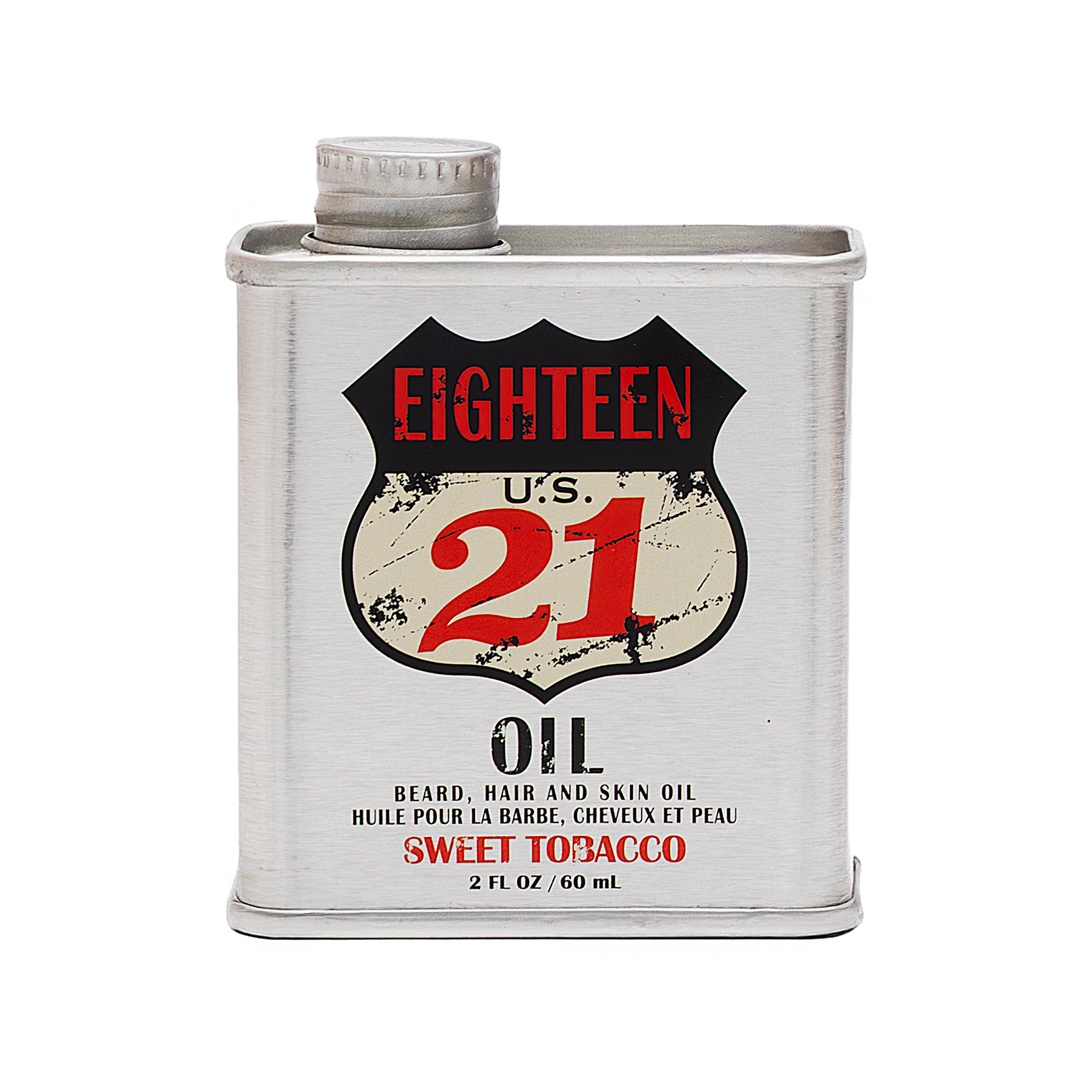 18.21 Man Made Sweet Tobacco Beard, Hair and Skin Oil on white background in metallic tin can