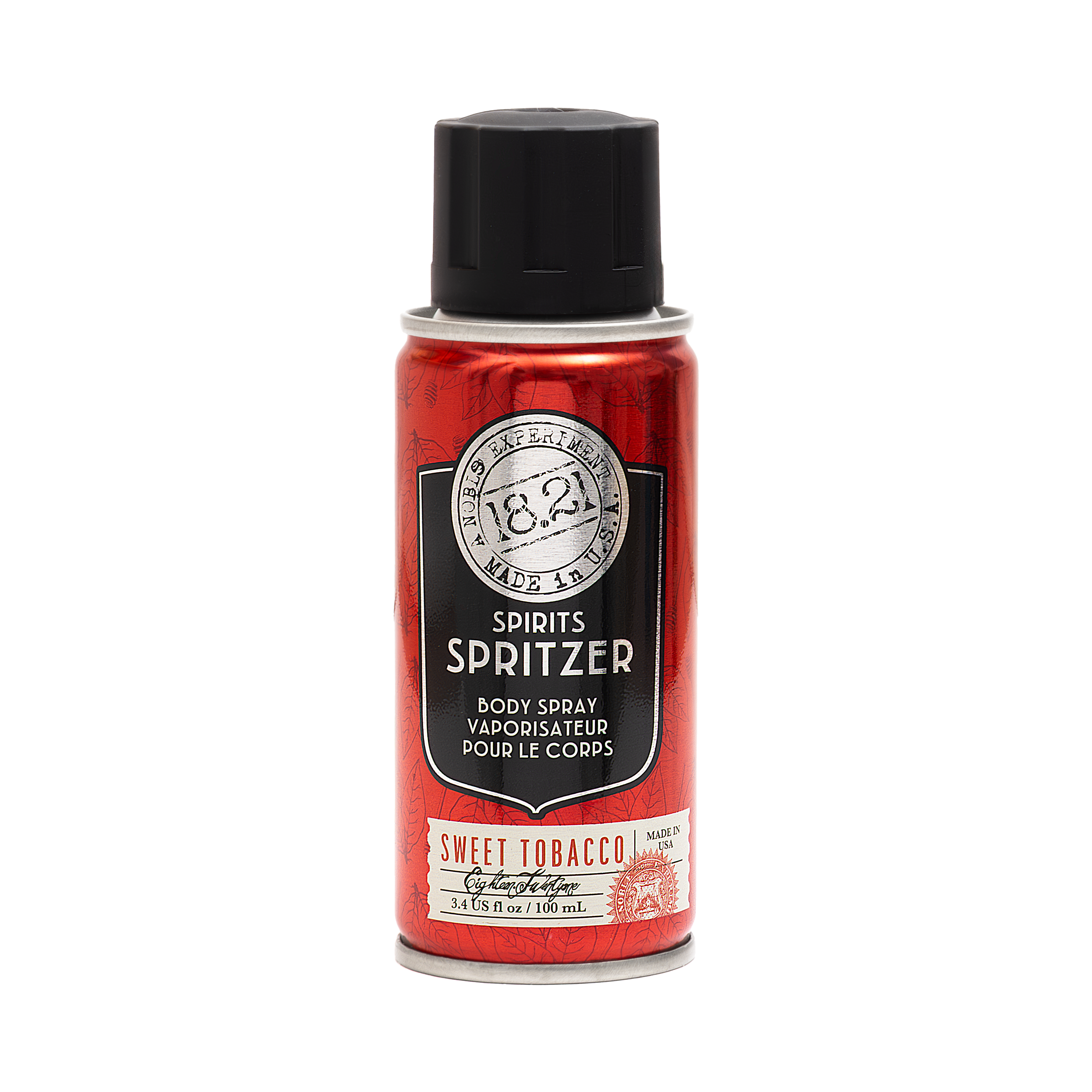 Red bottle of 18.21 Spritzy Spritzer body spray with black cap on a white background