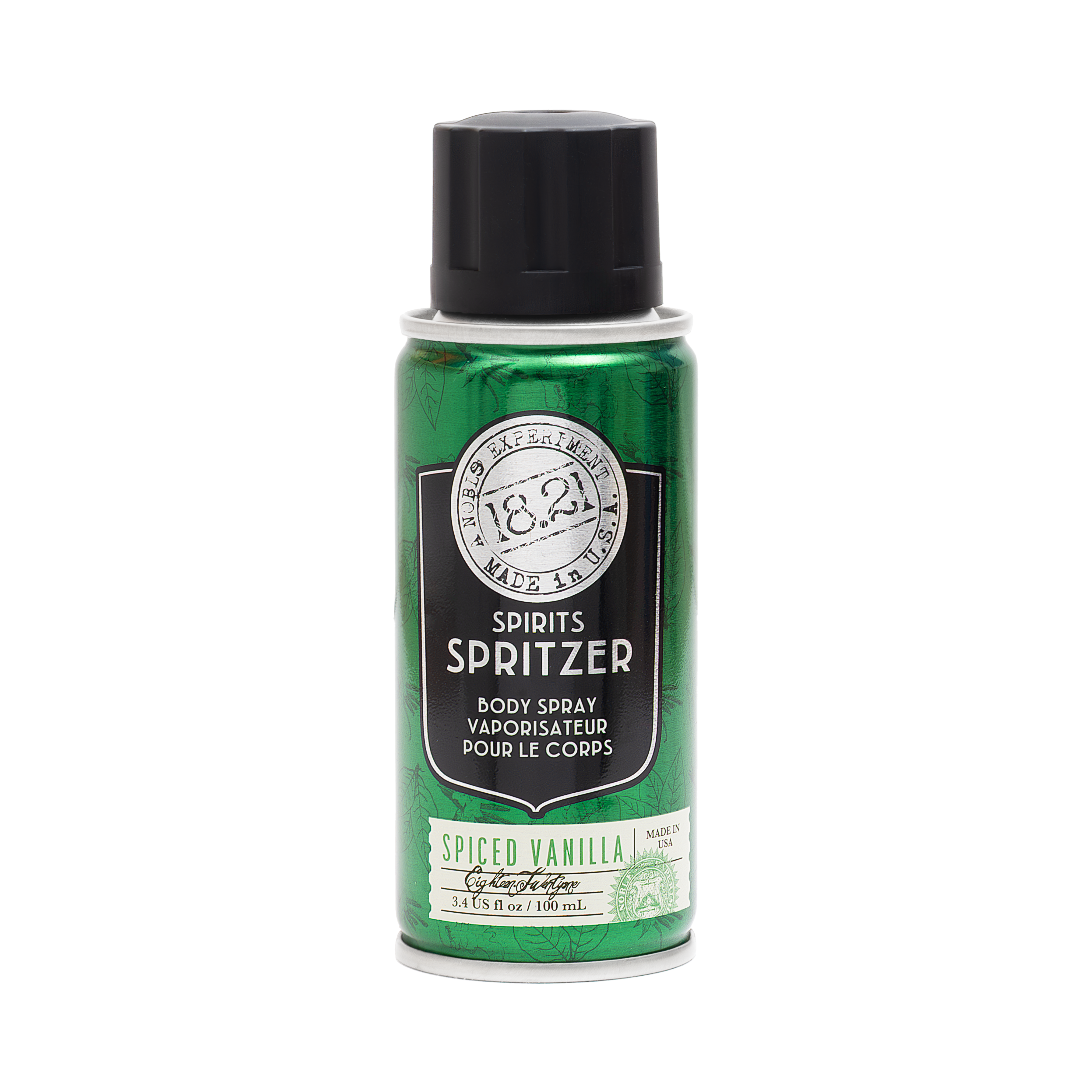 Green bottle of '18.21'Body Spray Spritzer Spiced Vanilla body spray with black cap on a white background