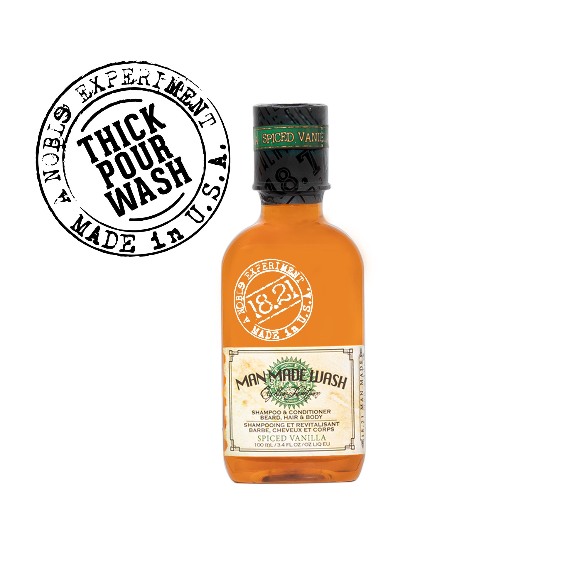 Bottle of Man Made Spiced Vanilla Wash with label and 'Thick Pour Wash' stamp on a white background
