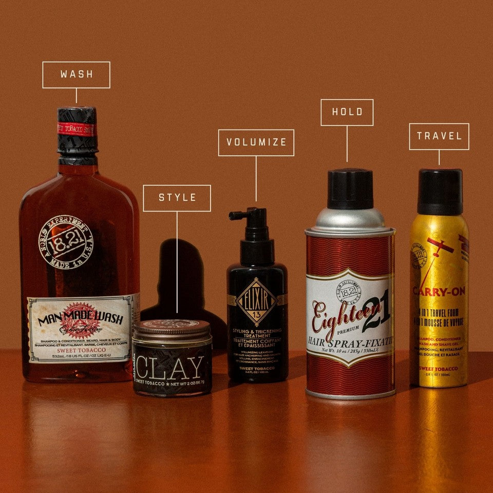 18.21 Man Made hair care products on a table with callouts