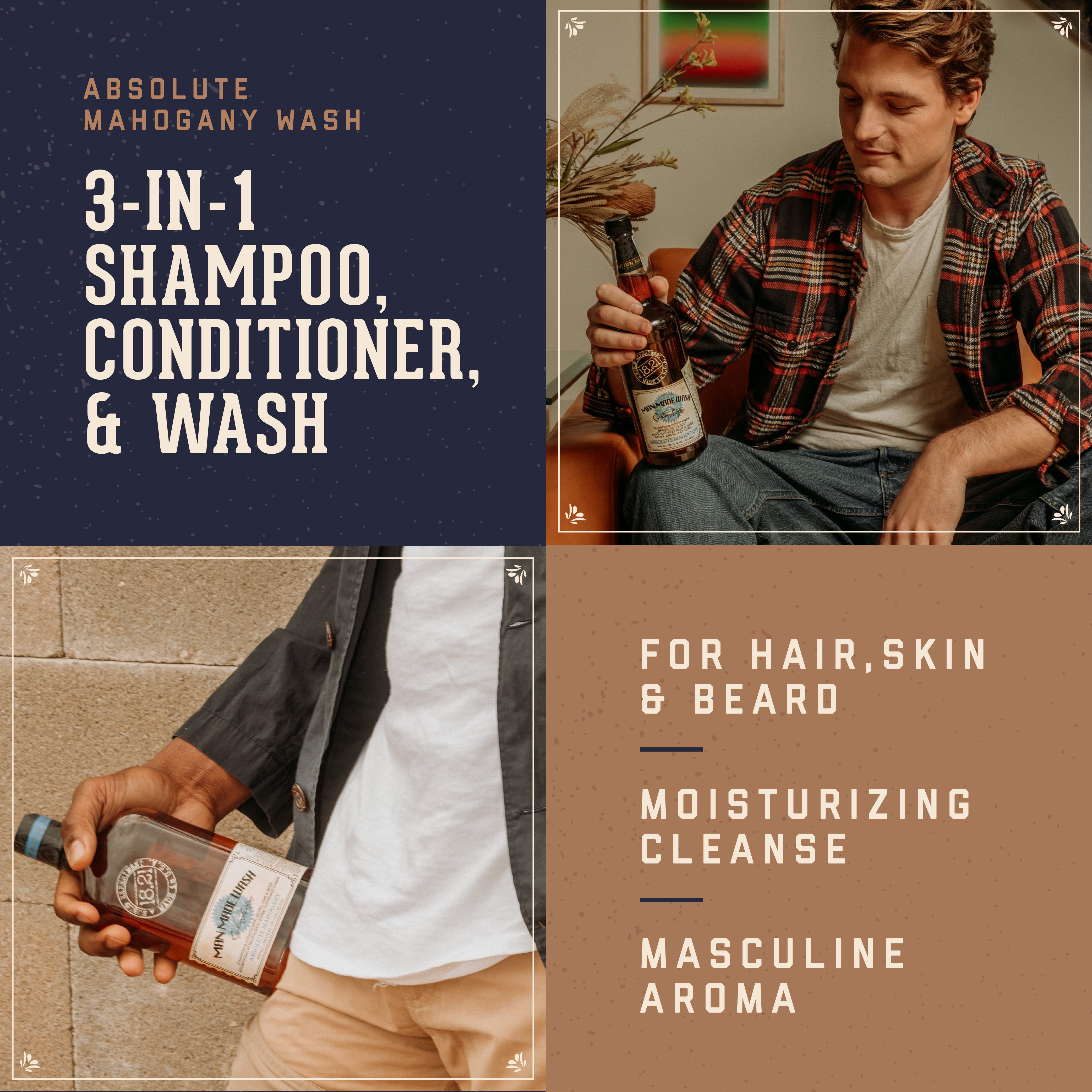 18.21 Man Made Absolute Mahogany Wash benefits:  3-in-1 Shampoo, conditioner and wash for hair, skin and beard. Moisturizing cleanse, masculine aroma