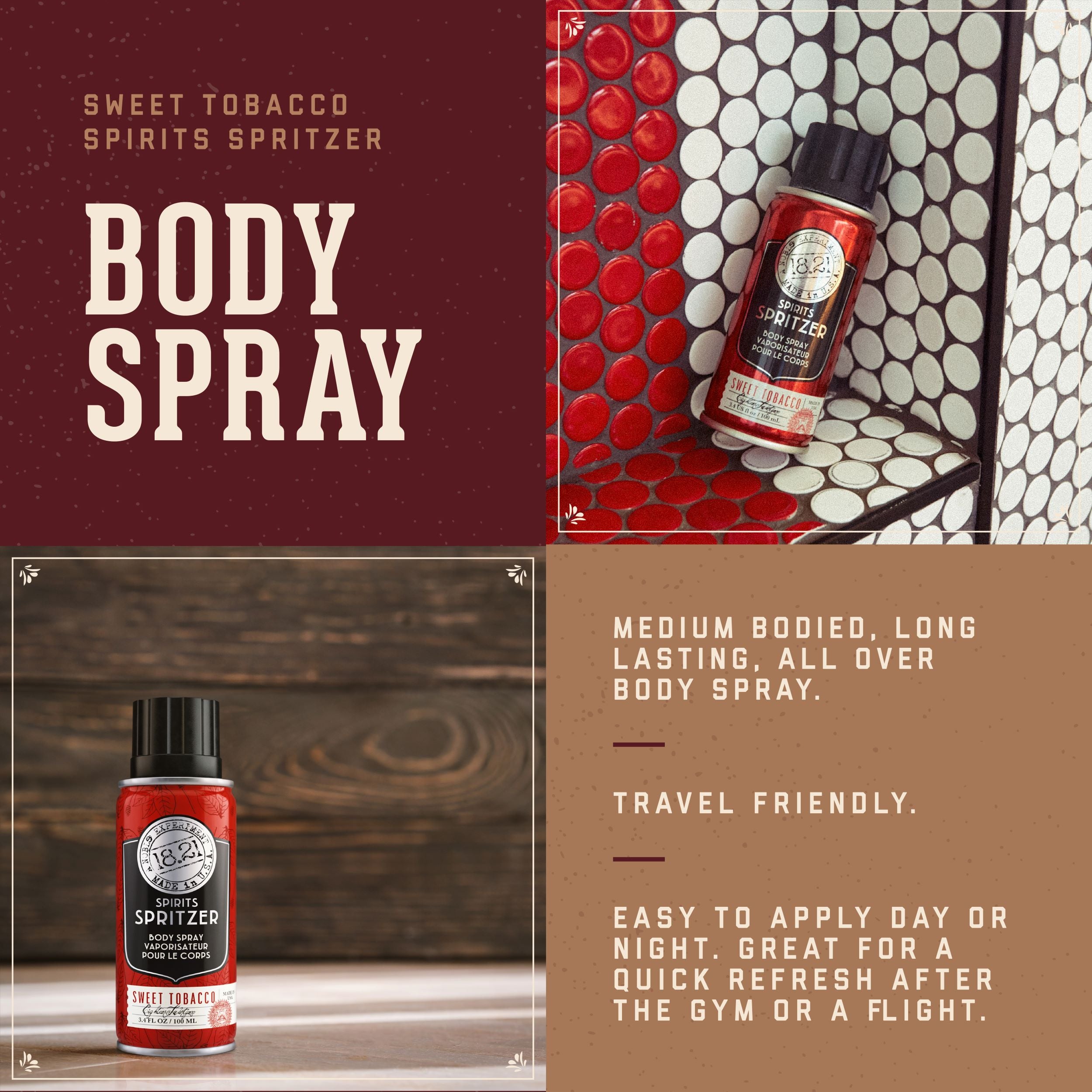 18.21 Man Made Spirits Spritzers Benefits: 1. Medium Bodied, long lasting all over body spray. 2. Travel Friendly 3. Easy to apply day or night, great for a quick refresh after the gym or a flight.