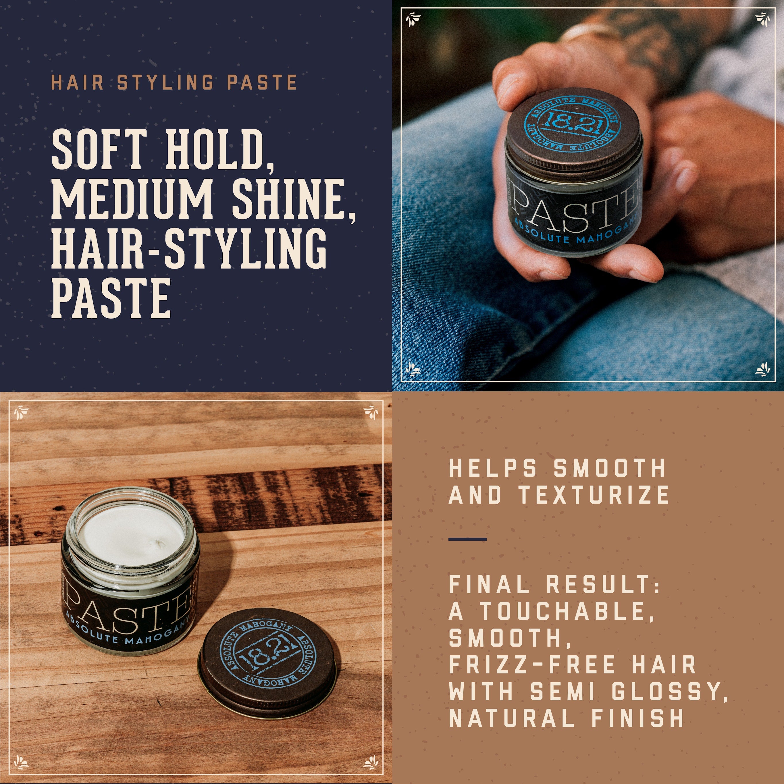 Hair styling paste jar with text describing product features on a wooden surface and person holding the jar.