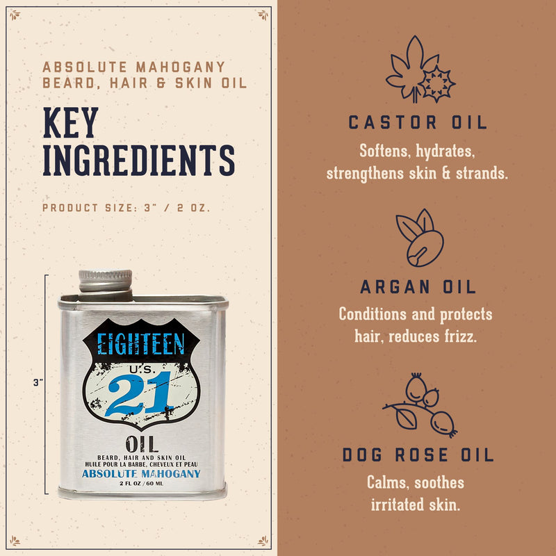 18.21 Man Made Absolute Mahogany Oil key ingredients.  Castor Oil:  softens, hydrates, strengthens skin & strands. Argan Oil: conditions and protects hair, reduces frizz.  Dog Rose Oil: calms, and soothes irritated skin. 