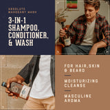 18.21 Man Made Absolute Mahogany Wash benefits: 3-in-1 Shampoo, conditioner and wash for hair, skin and beard. Moisturizing cleanse, masculine aroma