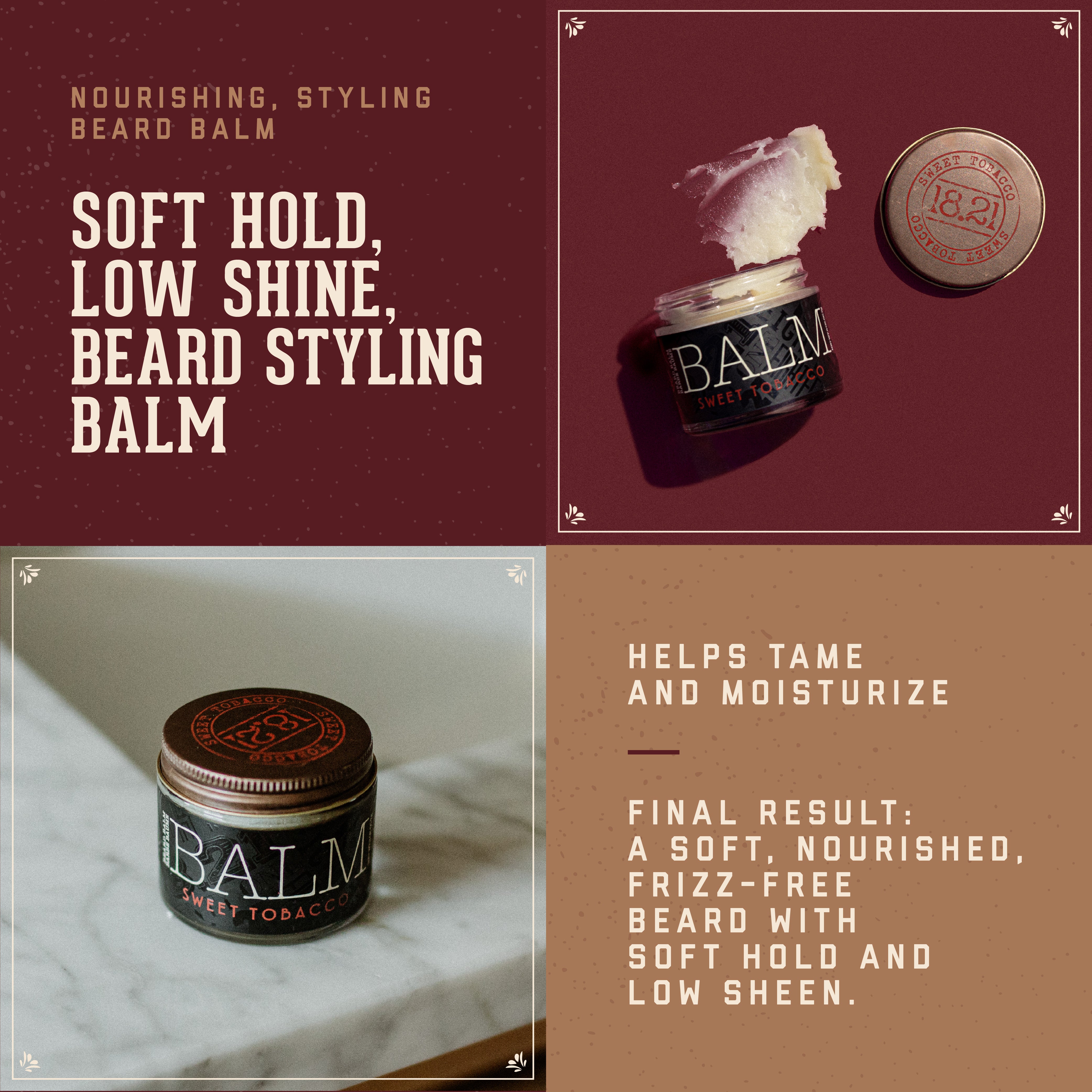 Beard balm graphic with soft hold, low shine benefits callouts 