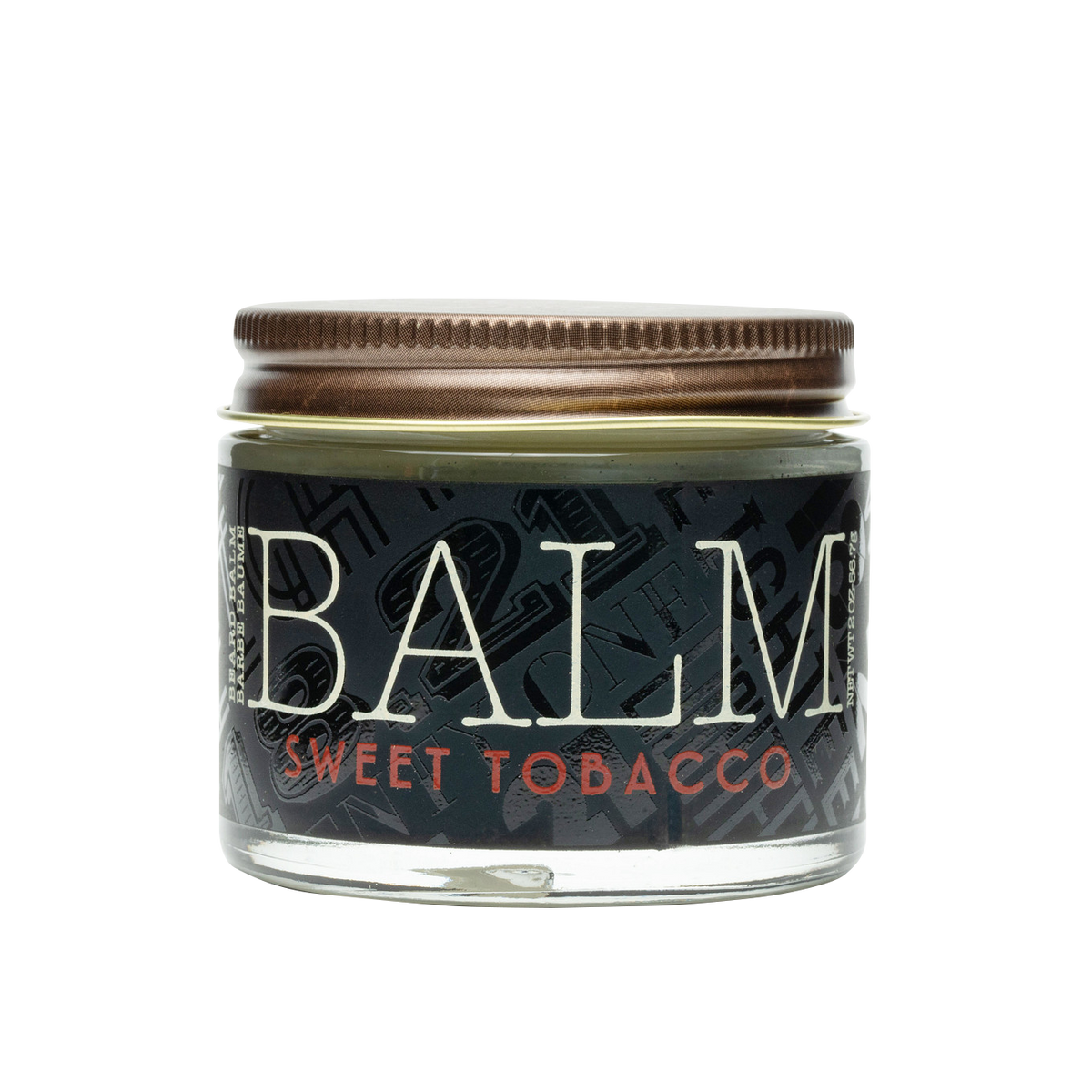 Jar of balm labeled 'Sweet Tobacco' on a white background