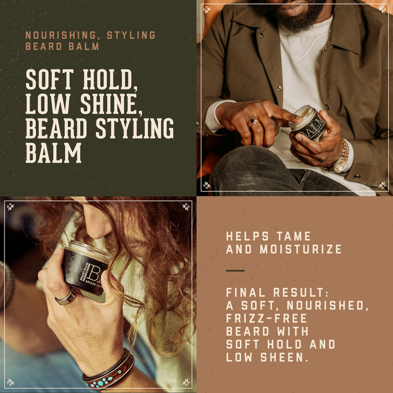 Nourishing, styling soft hold, low shine, beard styling balm.  Helps TAme and moisturize. Final Result: a soft, nourished, frizz-free beard with soft hold and low sheen.