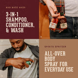 18.21 Man Made Product Benefits: Man Made Wash: 3-in-1 shampoo, conditioner and wash. Spirits Spritzers: All -over body spray for everyday use.