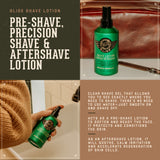 Glide Shave Lotion Pre-shave precision, shave & aftershave lotion. Clear shave gel that allows you to see exactly where you need to shave. there's no need to use water. Just smooth on and shave off. Acts as a pre-shave lotion to soften and ready the face. It protects and conditions the skin. As an aftershave lotion, it will soothe, calm irritation an accelaretate regeneration of skin cells.