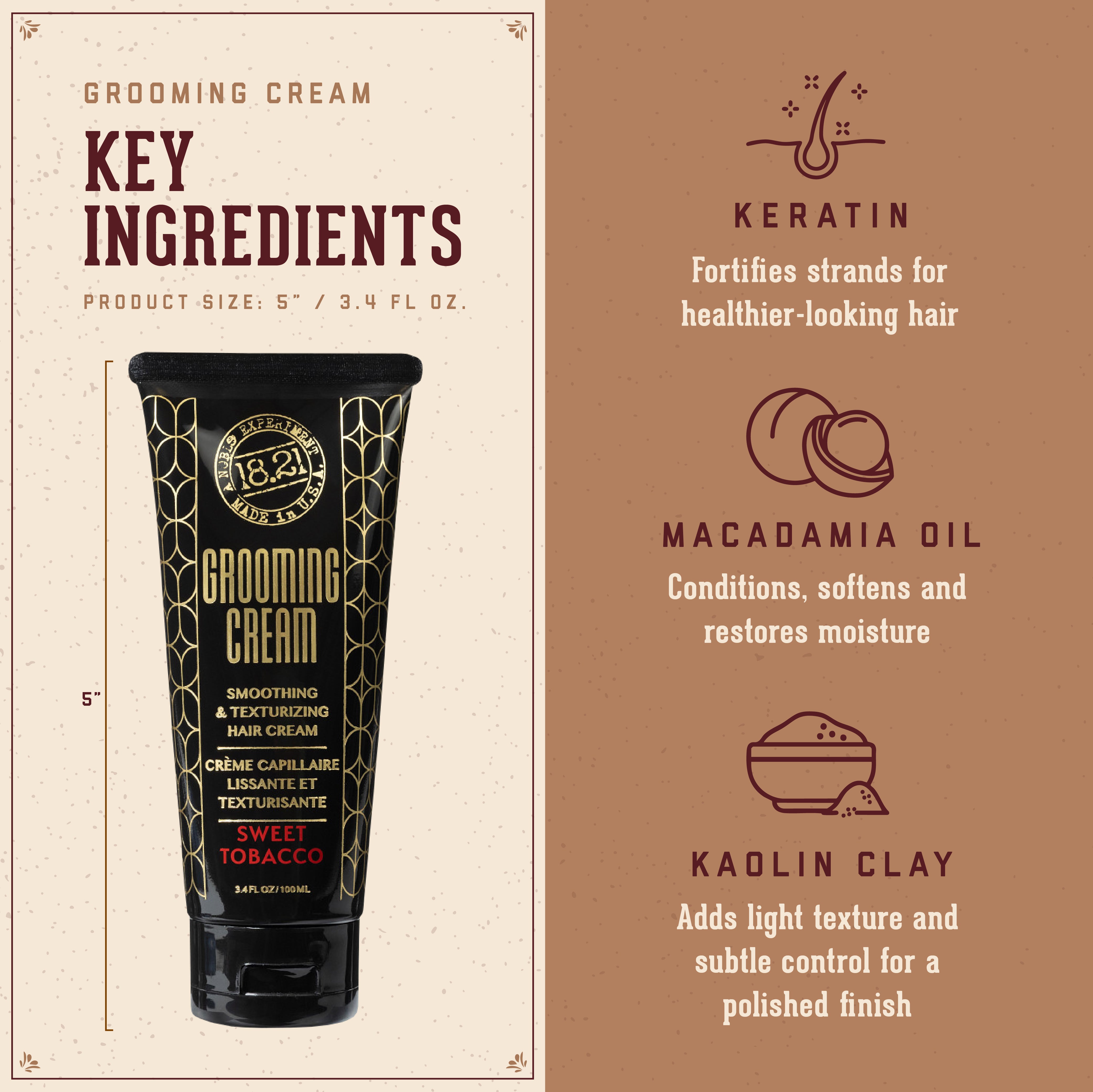 Grooming cream packaging with key ingredients listed on a beige and brown background