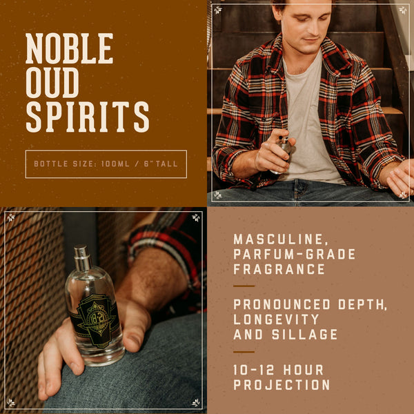Noble Oud Spirits Cologne Product Benefits. Masculine, parfum-grade fragrance. Pronounced depth, longetivity and sillage. 10-12 hour projection.