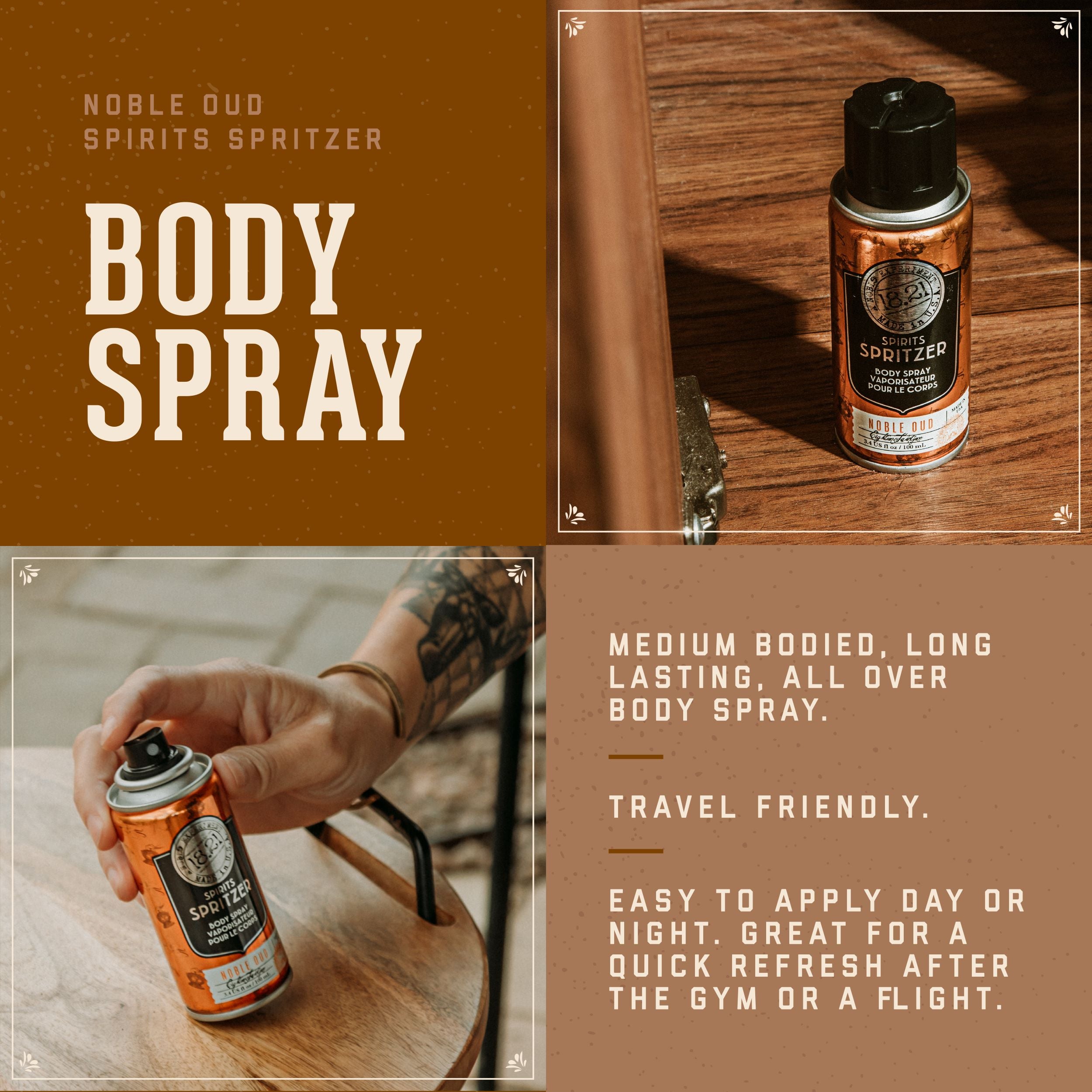 18.21 Man Made Spirits Spritzers Benefits: 1. Medium Bodied, long lasting all over body spray. 2. Travel Friendly 3. Easy to apply day or night, great for a quick refresh after the gym or a flight.