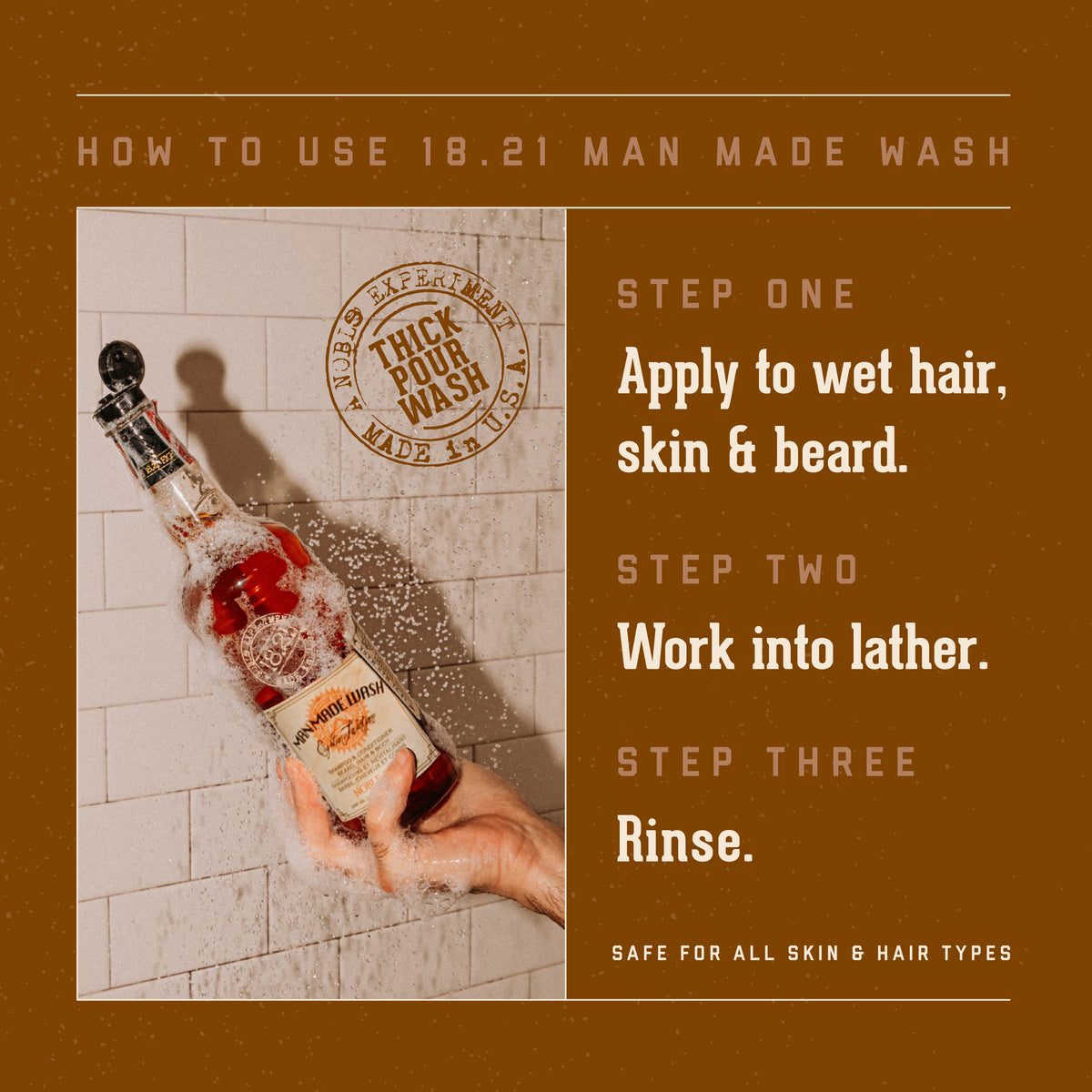Bottle of '18.21 Man Made Wash' with instructions on a brown background