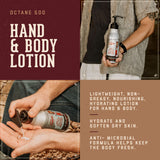 Octane 500 Hand & Body Lotion Benefits:  Lightweight, non-greasy nourishing, hydrating lotion for hand and body.  Hydrate and soften dry skin.   Anti-Microbial Formula helps keep the body fresh