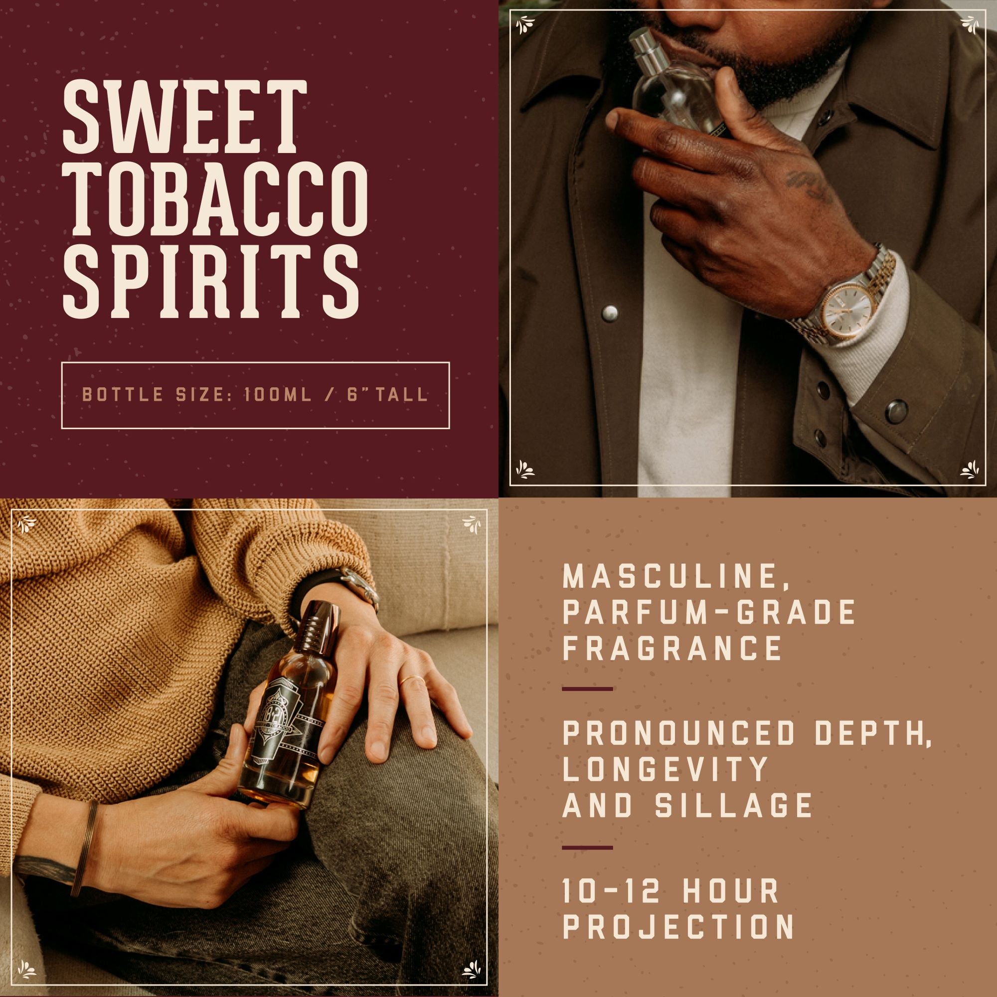 Sweet Tobacco Spirits.  Masculine, parfum-grade fragrance.  Pronounced depth, longetivity and sillage.  10-12 hour projection.