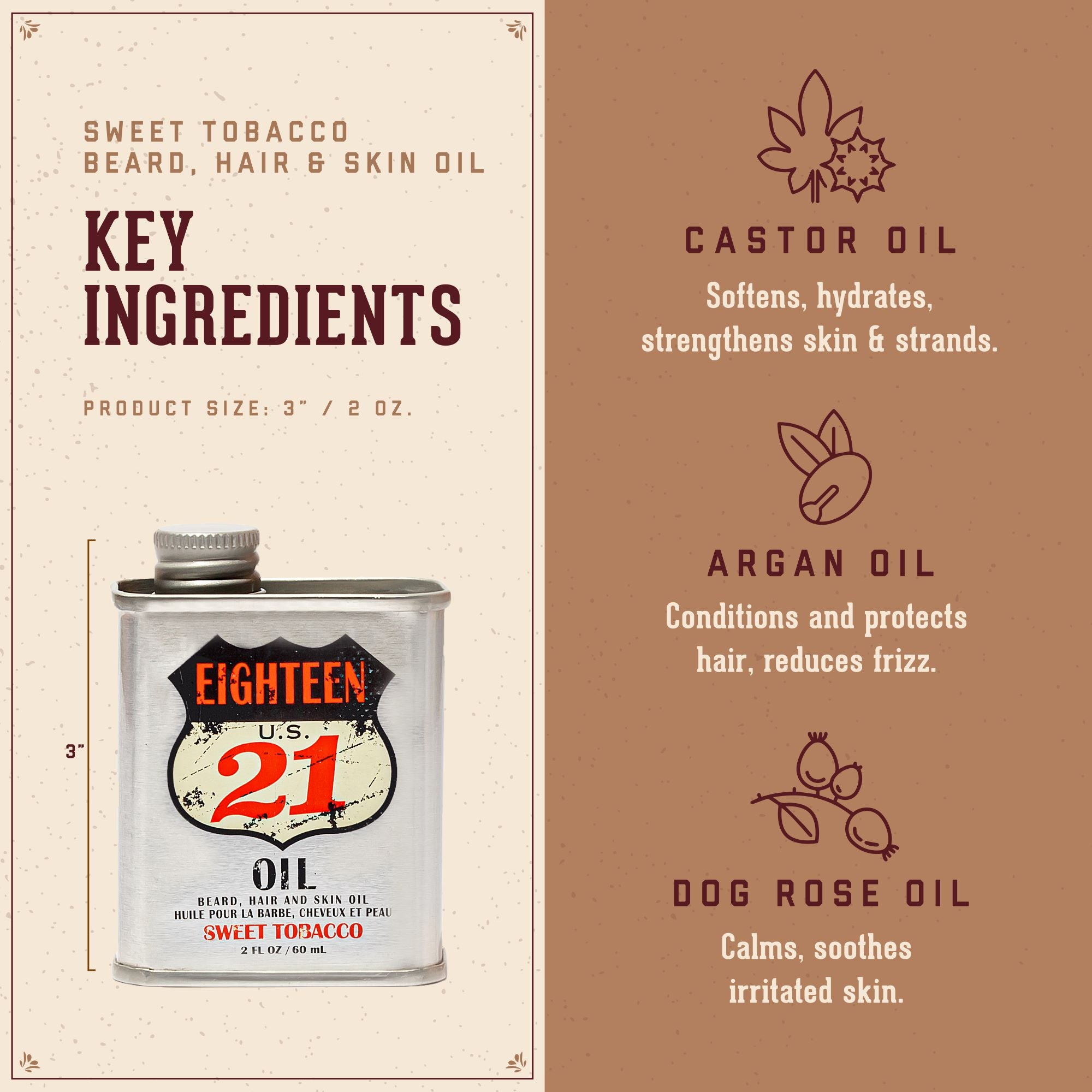 18.21 Man Made  Oil key ingredients. Castor Oil: softens, hydrates, strengthens skin & strands. Argan Oil: conditions and protects hair, reduces frizz. Dog Rose Oil: calms, and soothes irritated skin.