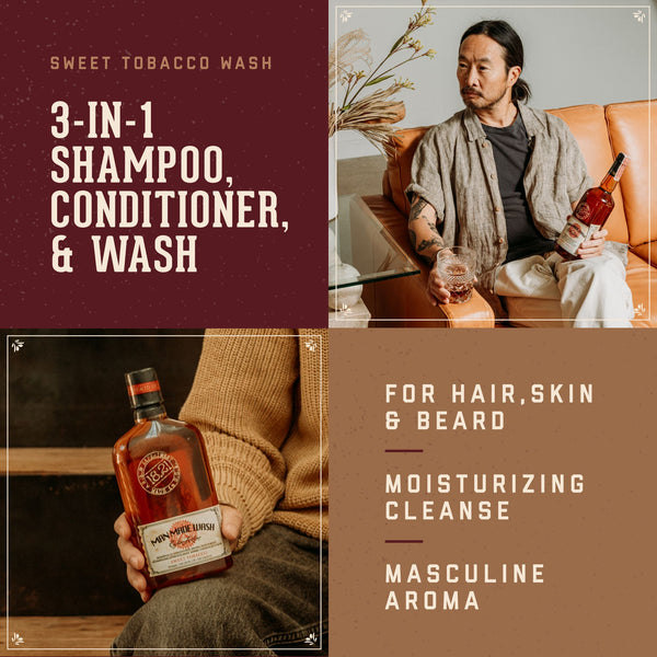 18.21 Man Made Sweet Tobacco Wash benefits: 3-in-1 Shampoo, conditioner and wash for hair, skin and beard. Moisturizing cleanse, masculine aroma