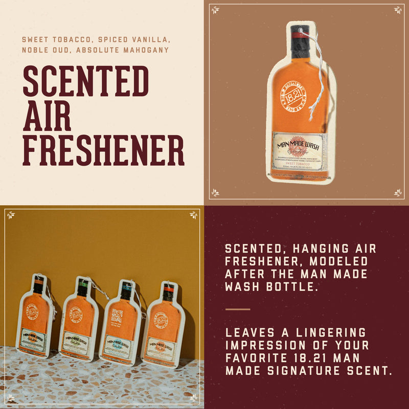 18.21 Man Made Air Freshener Benefits: Scented, hanging air freshener, modeled after the Man Made Wash Bottle. Leaves a lingering impression of your favorite 18.21 Man Made signature scent of Absolute Mahogany