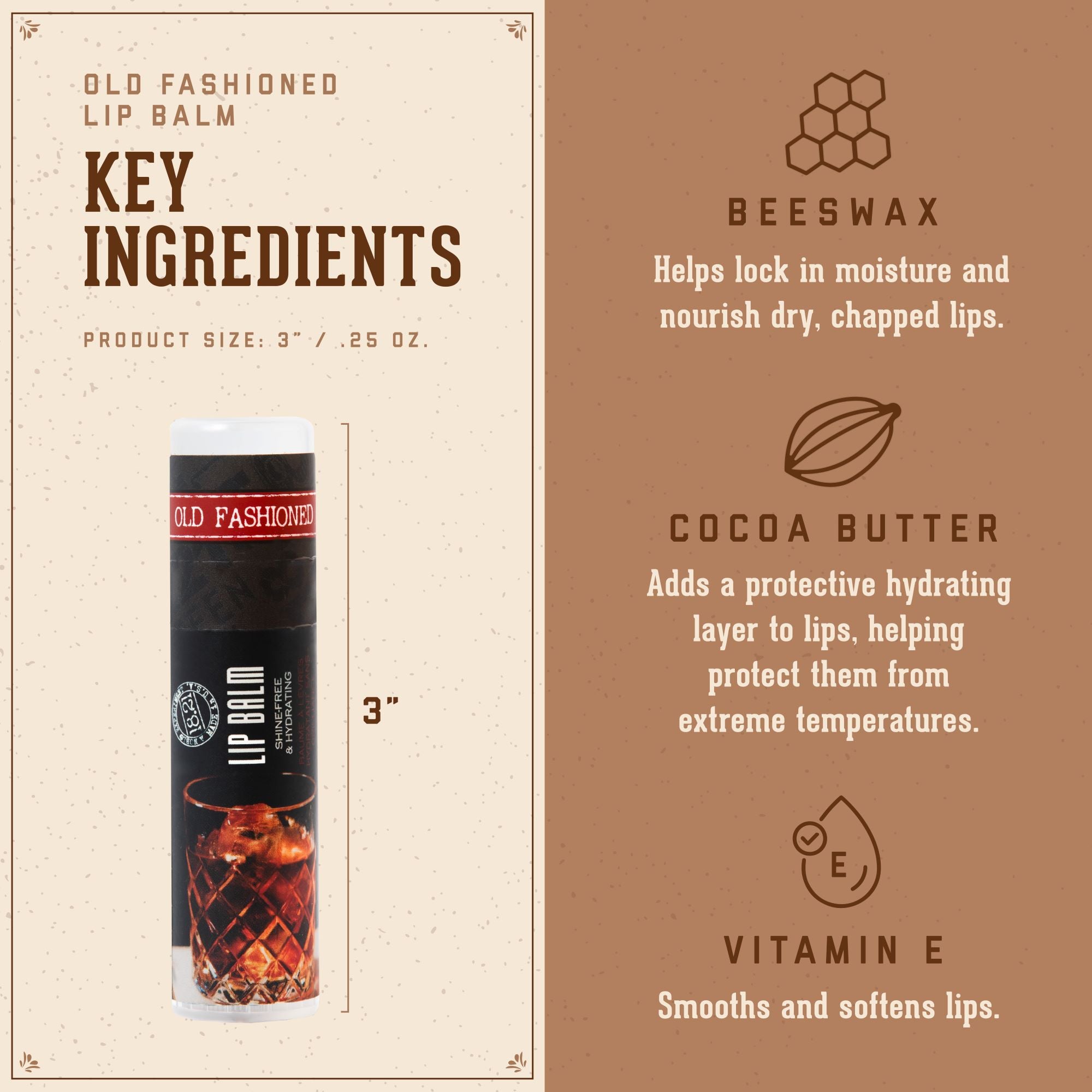 1821 Man Made Lip Balm Key Ingredients:   1. Beeswax: helps loc in moisture and nourish dry, chapped lips.     2. Cocoa Butter: Adds a protective hydrating layer to lips, helping protect them from extreme temperatures.      3. Vitamin E: smooths and softens lips