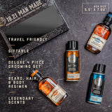 18.21 Man Made Travel Grooming Giftset Benefits:  Travel Friendly, giftable, deluxy 4 piece set, beard, hair and body regimen, legendary scents.
