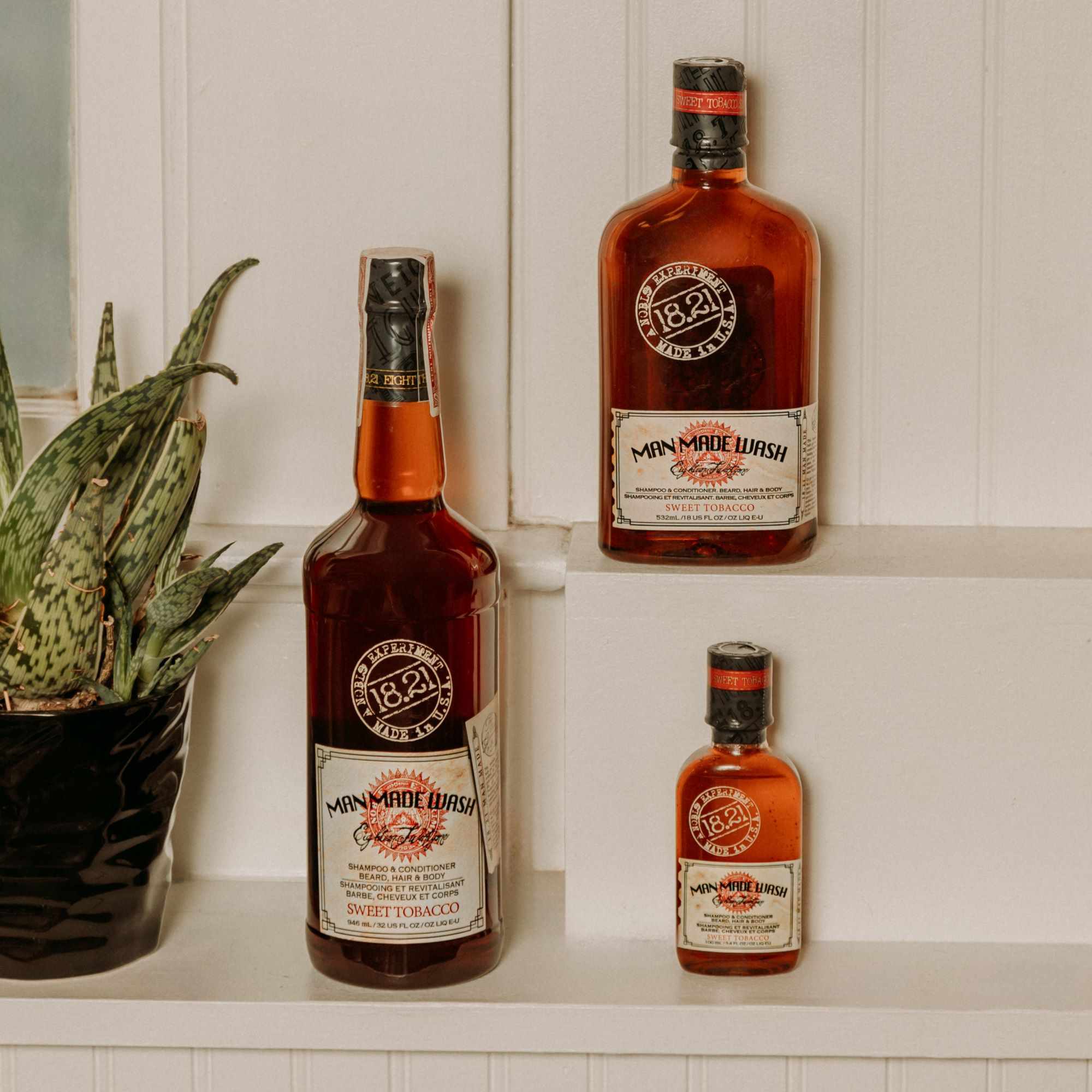 18.21 Man Made Wash sizes available:  Travel Size 3.4oz,  Medium size 18.oz,  Large size 32.oz