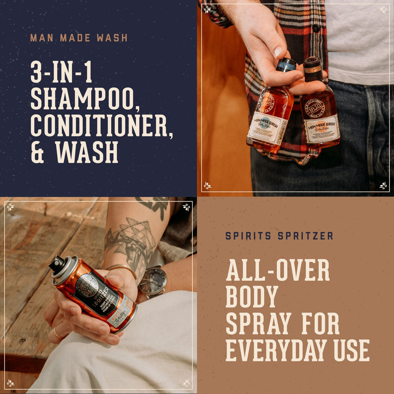 18.21 Man Made Product Benefits:  Man Made Wash: 3-in-1 shampoo, conditioner and wash.  Spirits Spritzers: All -over body spray for everyday use.